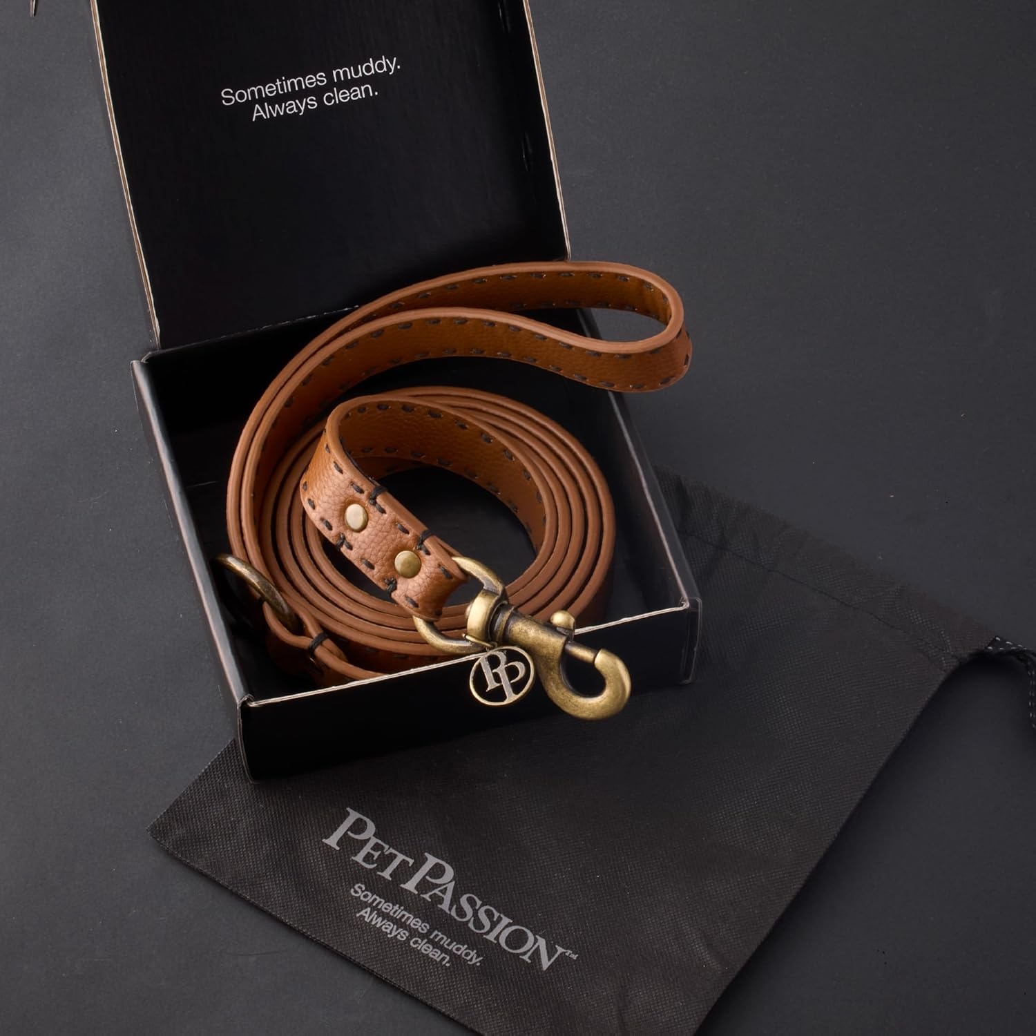 image:imagePet Passion Rein Saddle Stitch Dog Leash Recycled Vegan Leather with Custom Jewelry Hardware Chestnut HunterChestnut Hunter