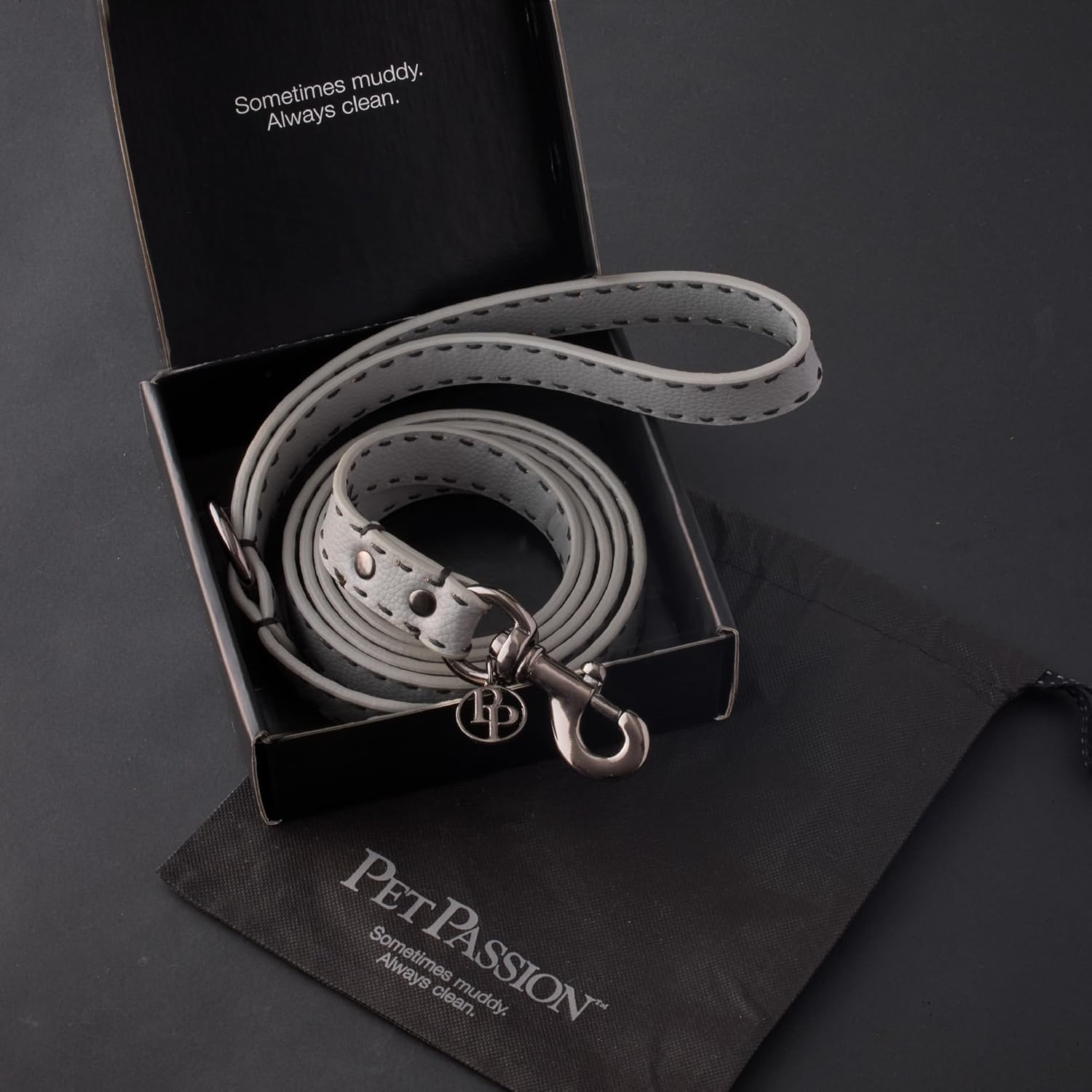 image:imagePet Passion Rein Saddle Stitch Dog Leash Recycled Vegan Leather with Custom Jewelry Hardware Chestnut HunterGray