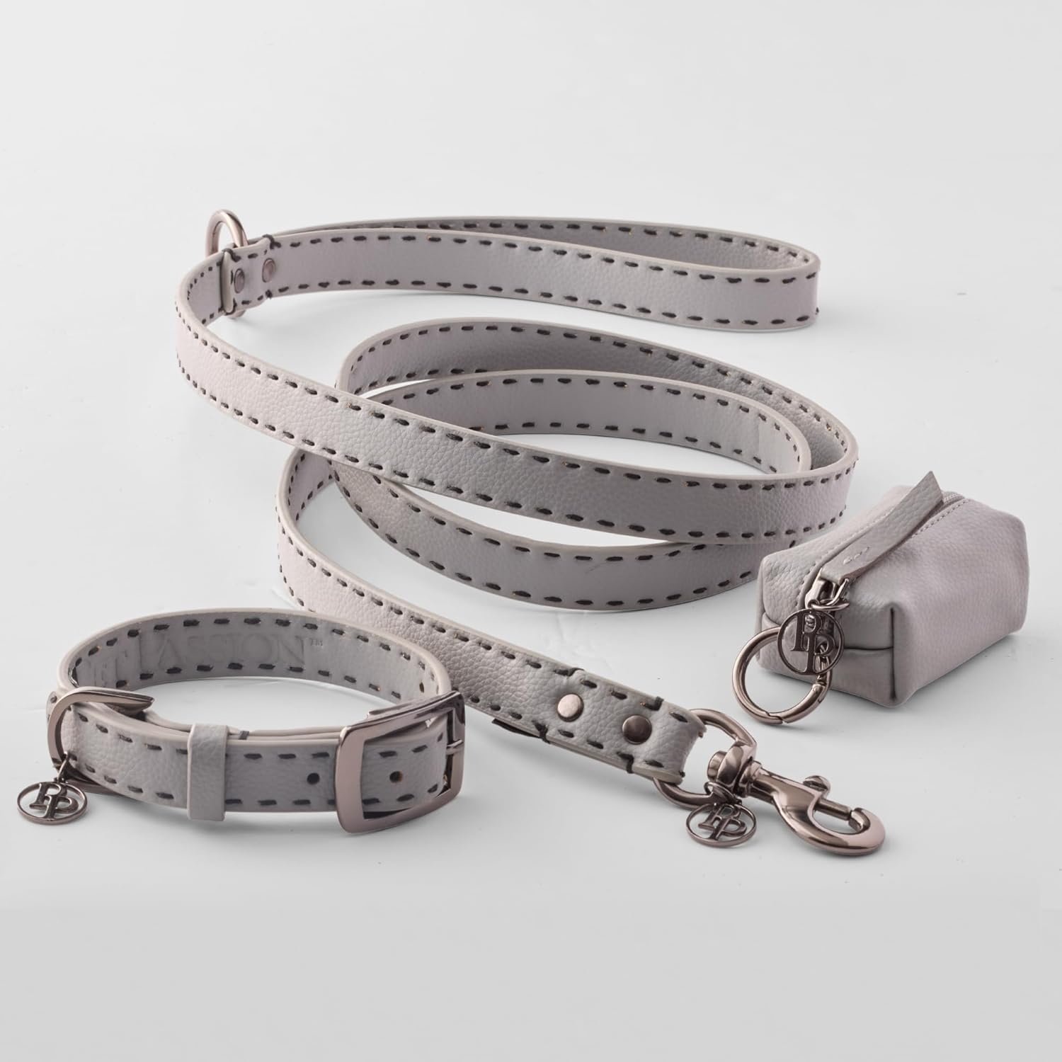 image:imagePet Passion Rein Saddle Stitch Dog Leash Recycled Vegan Leather with Custom Jewelry Hardware Chestnut HunterGray