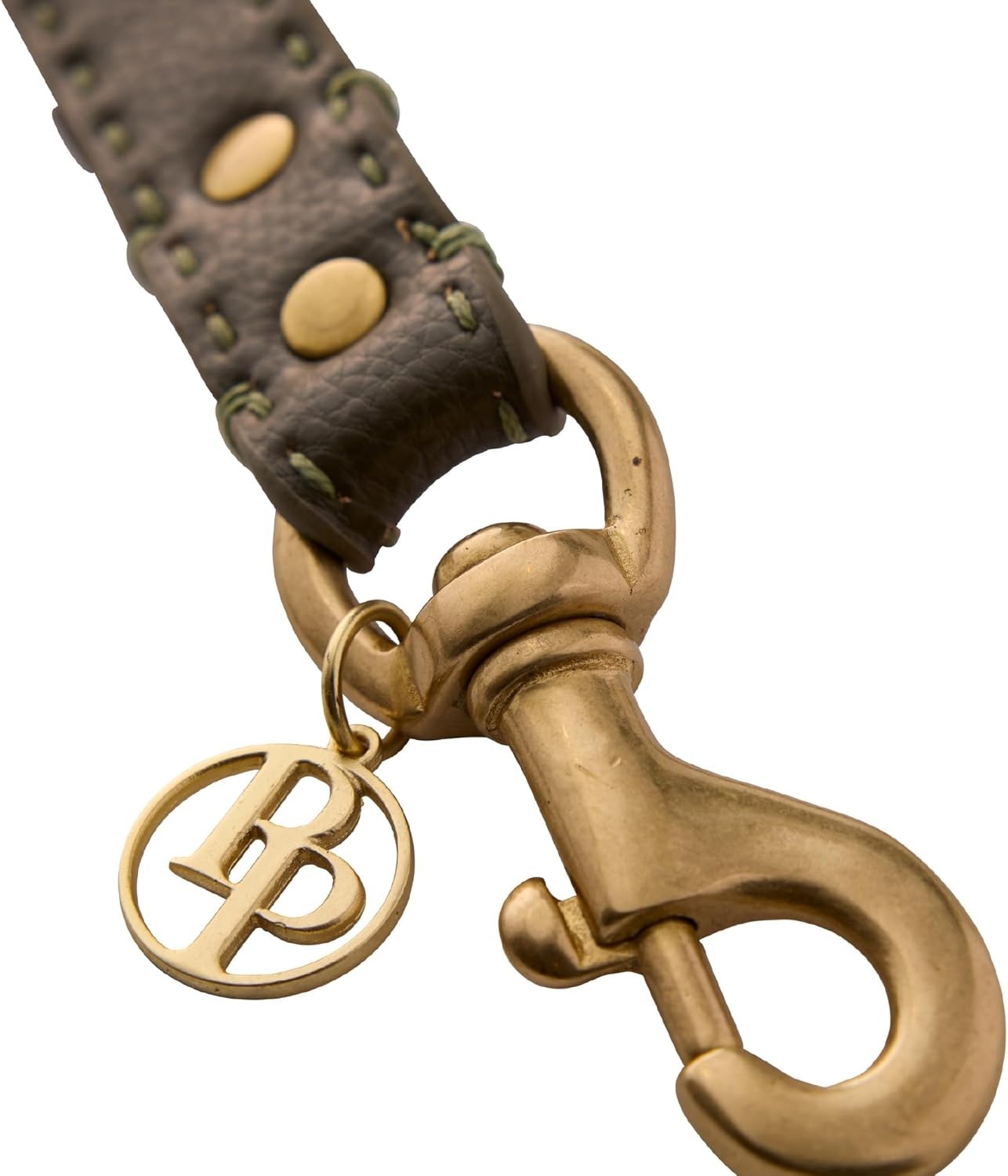 image:imagePet Passion Rein Saddle Stitch Dog Leash Recycled Vegan Leather with Custom Jewelry Hardware Chestnut HunterScottish Olive