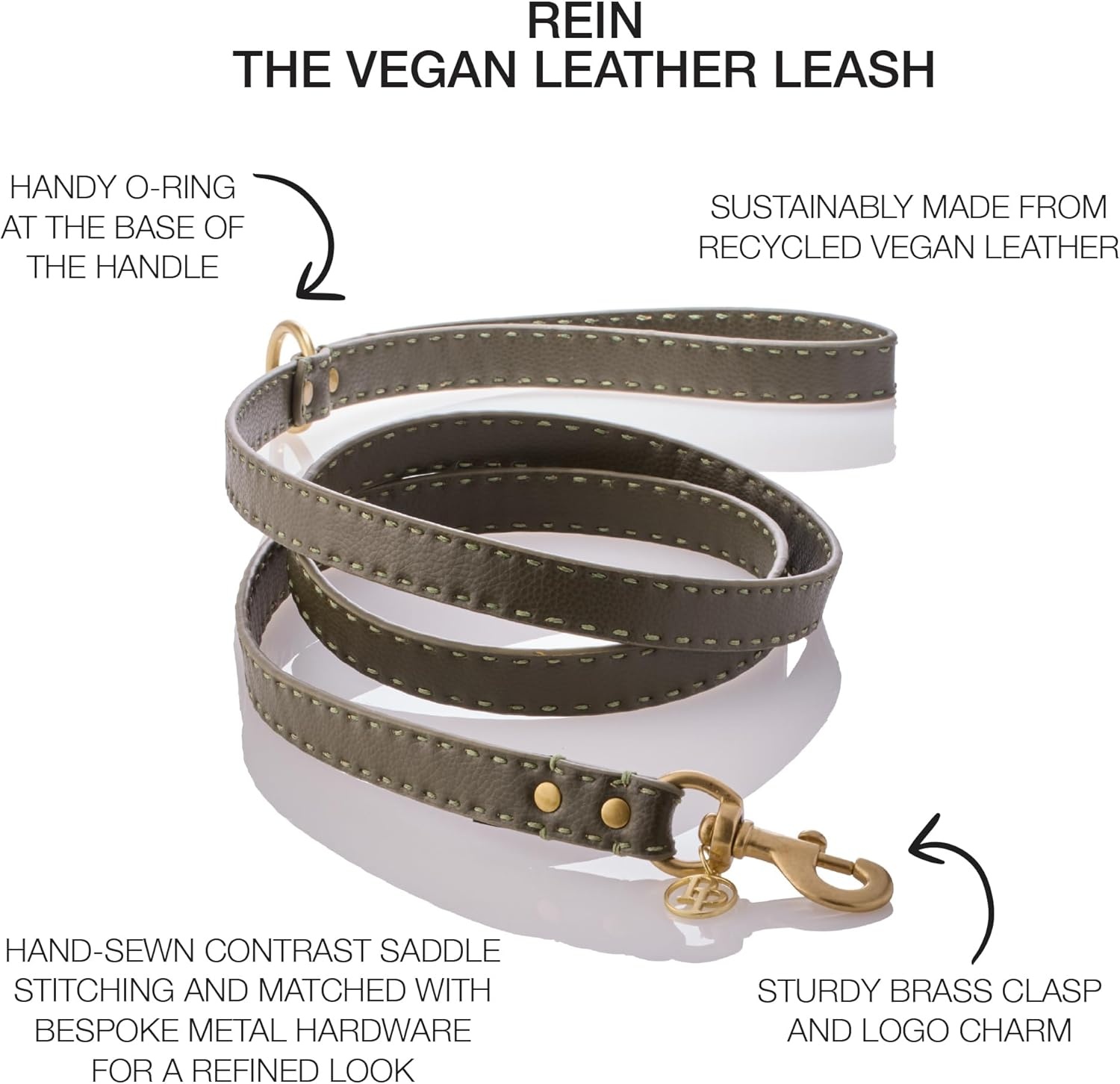 image:imagePet Passion Rein Saddle Stitch Dog Leash Recycled Vegan Leather with Custom Jewelry Hardware Chestnut HunterScottish Olive