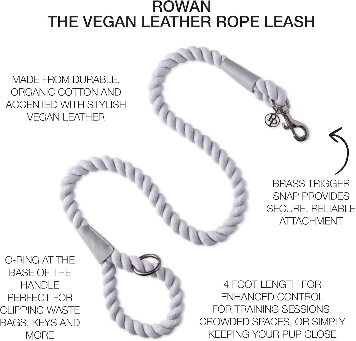 image:imagePet Passion Rowan The Twisted Rope Training Dog Leash Cotton Durable Heavy Duty Leashes 4 Ft for Close Walks for Small Medium Large Dogs Dappled CashmereGray