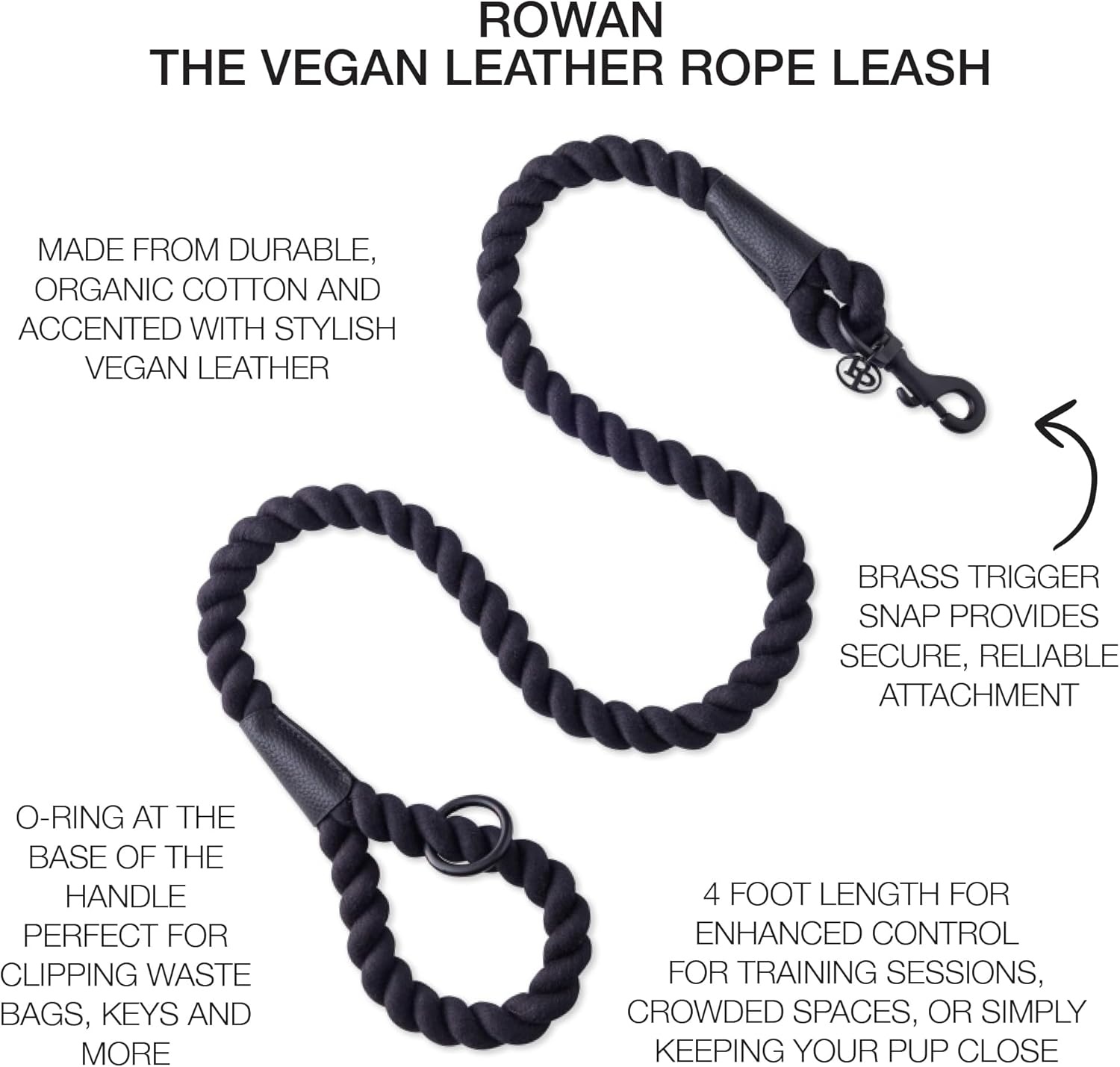 image:imagePet Passion Rowan The Twisted Rope Training Dog Leash Cotton Durable Heavy Duty Leashes 4 Ft for Close Walks for Small Medium Large Dogs Dappled CashmereBlack Beauty