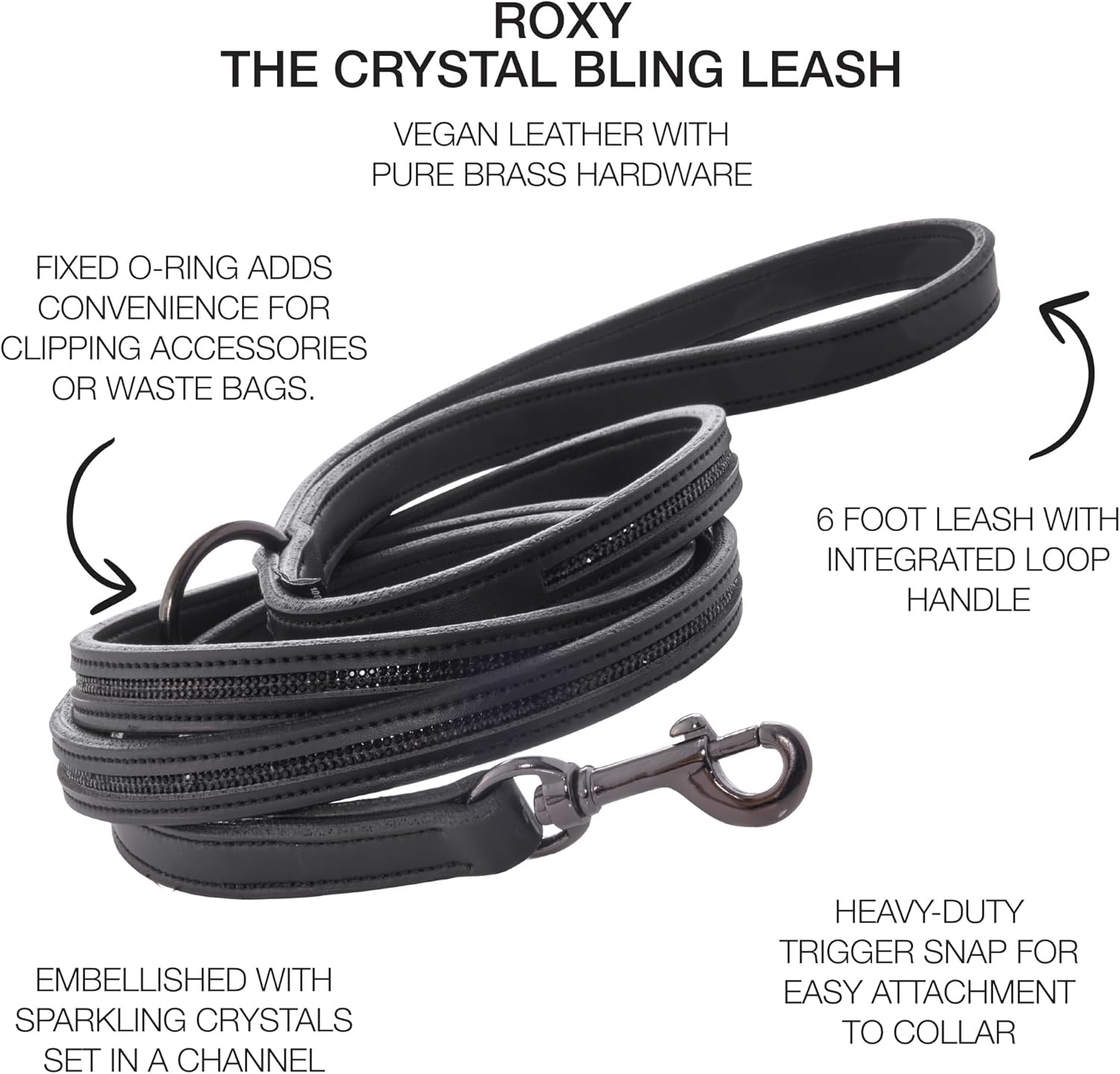 image:imageRoxy The Crystal Bling Leash Durable Heavy Duty Vegan Leather with Brass and Crystals Pet Leashes 6 Ft for Small Medium and Large Dogs Blush One SizeBlack Bling