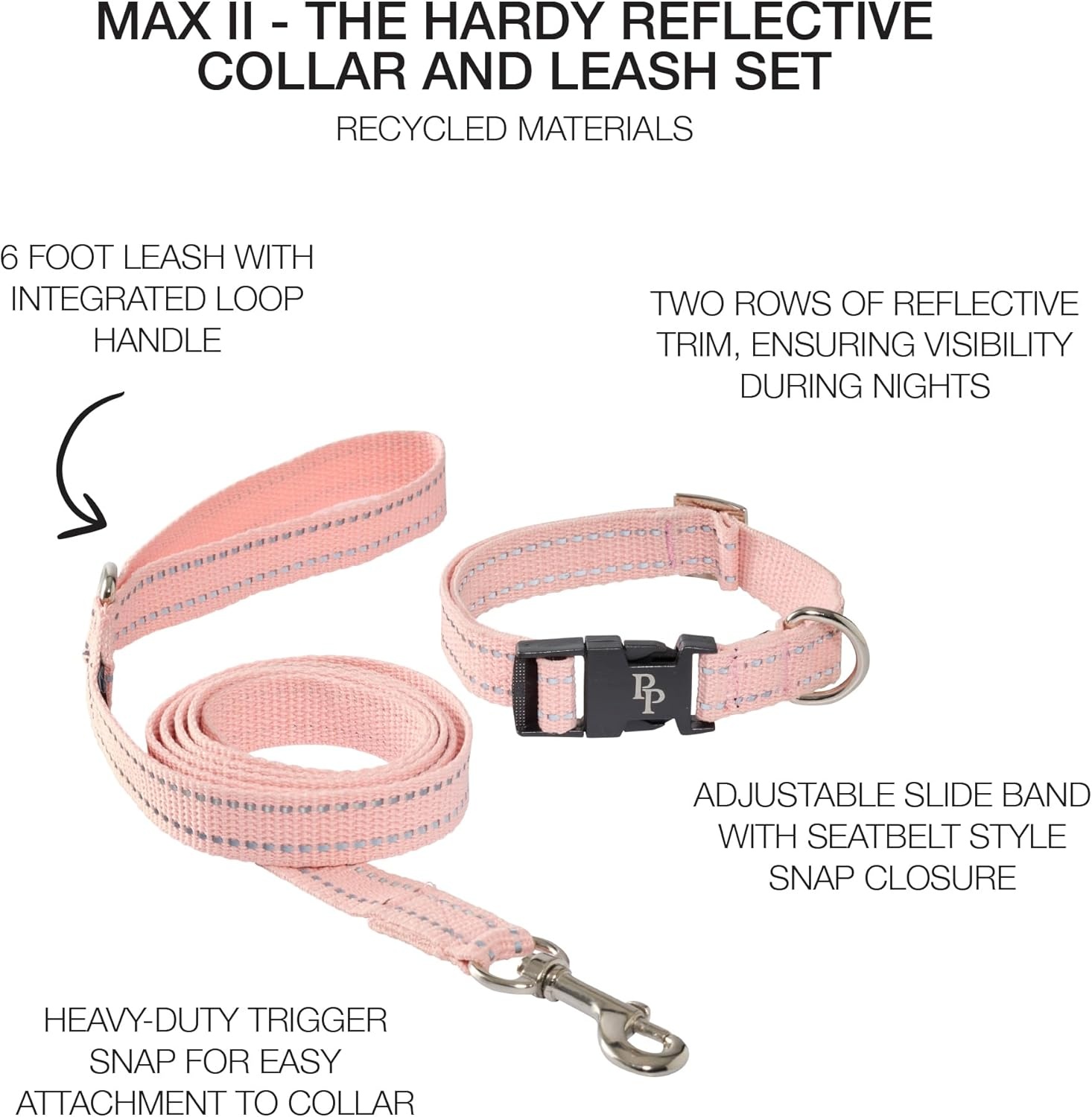 image:imagePet Passion Max II 2Pack Reflective Leash amp Collar Adjustable Matching Pet Set Durable Heavy Duty Recycled Small Medium Large Dogs Red SmallPink