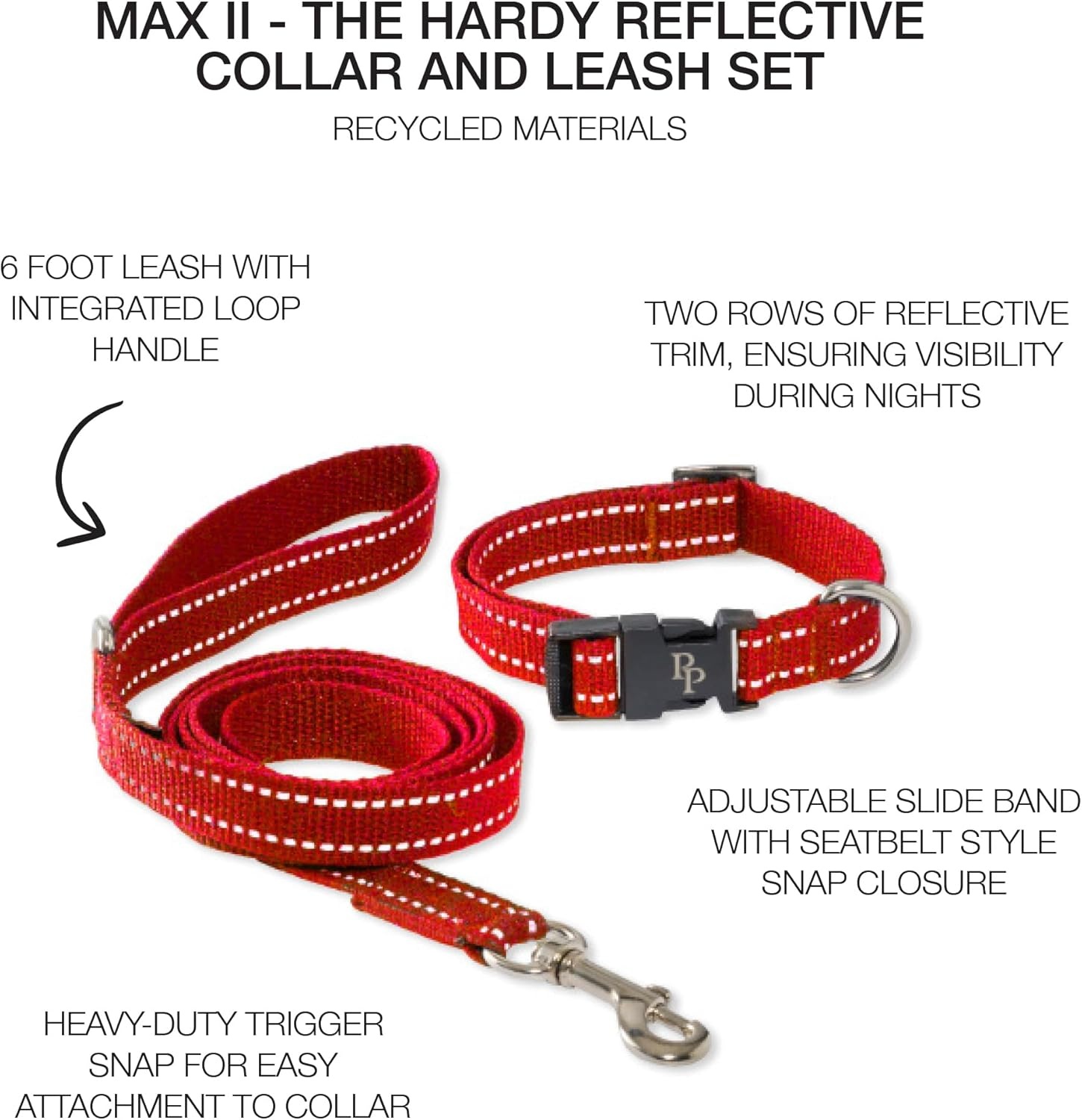 image:imagePet Passion Max II 2Pack Reflective Leash amp Collar Adjustable Matching Pet Set Durable Heavy Duty Recycled Small Medium Large Dogs Red SmallRed