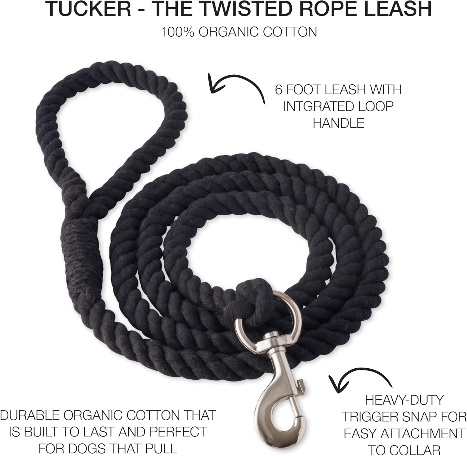 image:imagePet Passion Organic Cotton Dog Leash with Durable Twisted Rope 6 ft for All Pet Breeds Black One Size