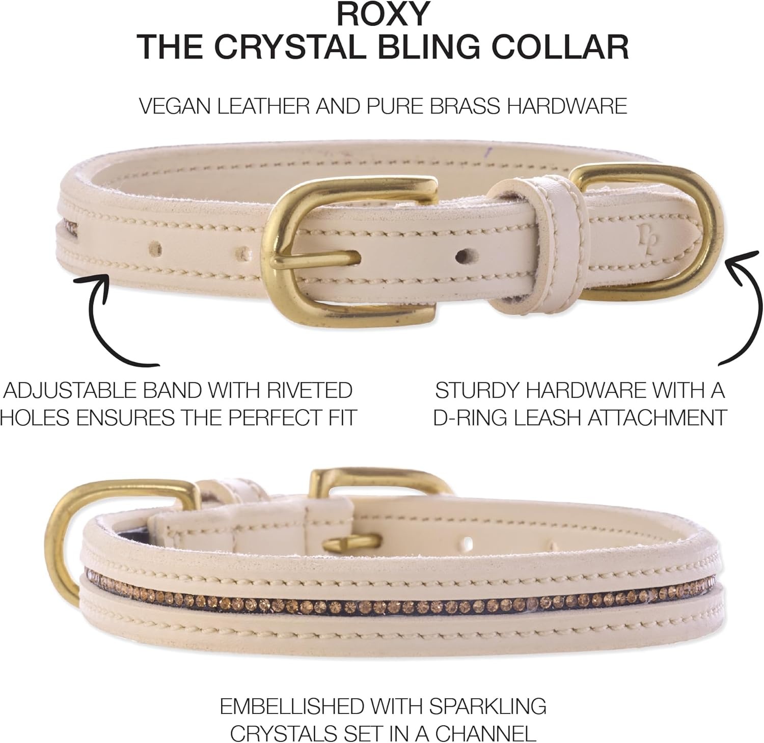 image:imageRoxy The Crystal Bling Collar Durable Vegan Leather with Brass amp Crystals Pet Collars Small Medium Large Dogs Alabaster XXLarge 29Alabaster