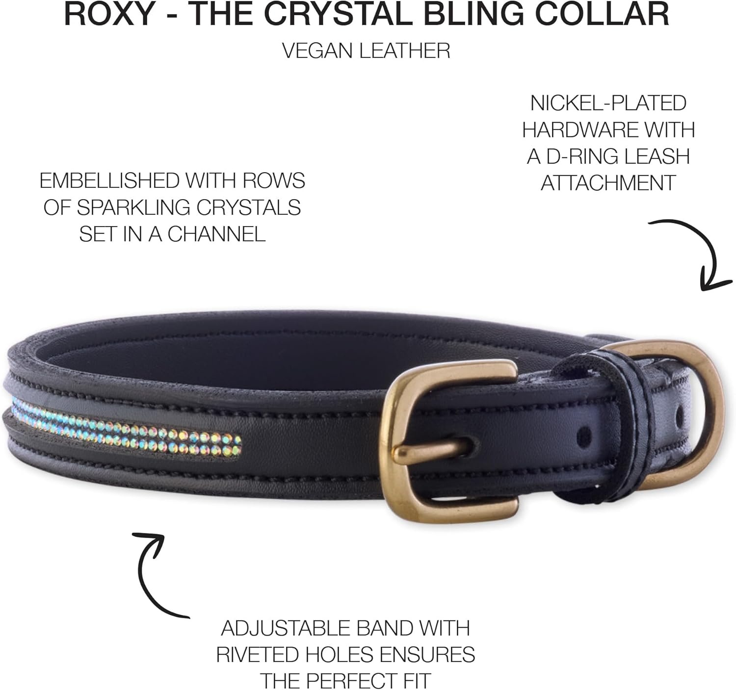 image:imageRoxy The Crystal Bling Collar Durable Vegan Leather with Brass amp Crystals Pet Collars Small Medium Large Dogs Alabaster XXLarge 29Black Bling