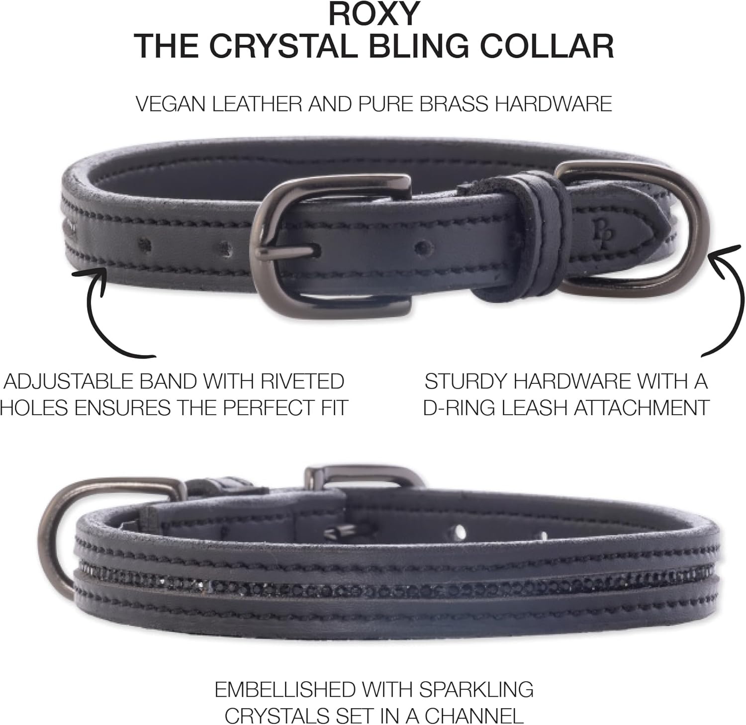 image:imageRoxy The Crystal Bling Collar Durable Vegan Leather with Brass amp Crystals Pet Collars Small Medium Large Dogs Alabaster XXLarge 29Black Bling