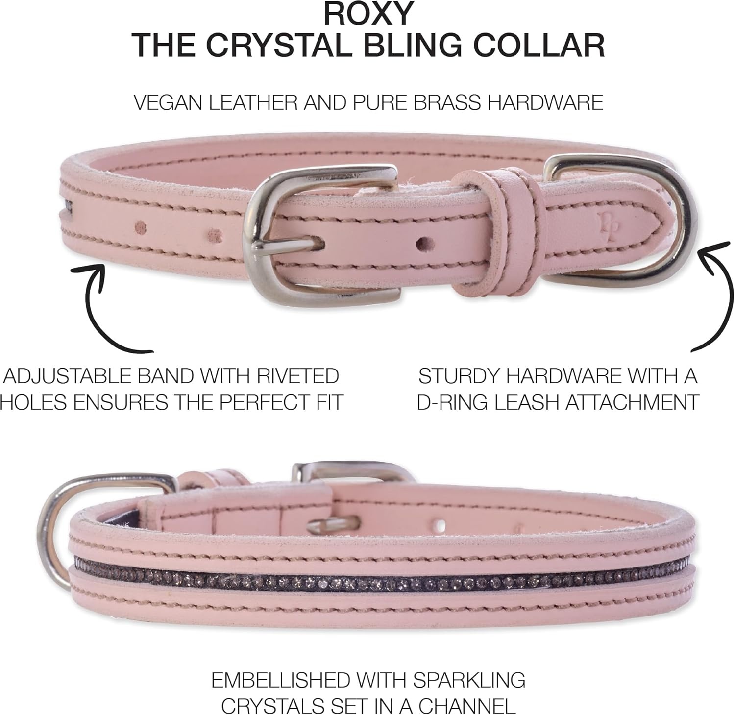 image:imageRoxy The Crystal Bling Collar Durable Vegan Leather with Brass amp Crystals Pet Collars Small Medium Large Dogs Alabaster XXLarge 29Blush