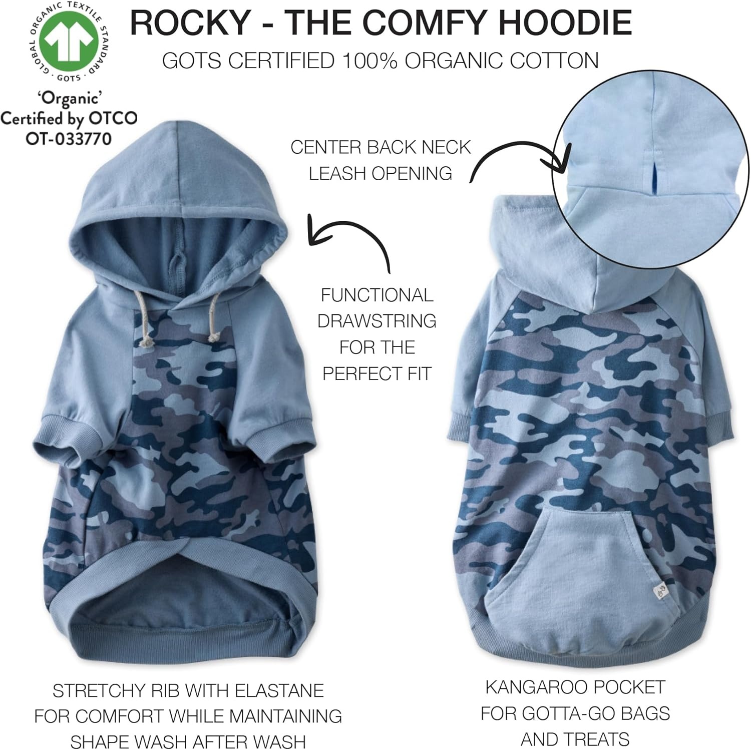 image:imagePet Passion Rocky The Original Lightweight Hooded Tee 100 Organic Cotton Dog Hoodie Pet Coat Sweater for All Sized Dogs Navy Camo XSmall 512 lbsNavy Half Camo
