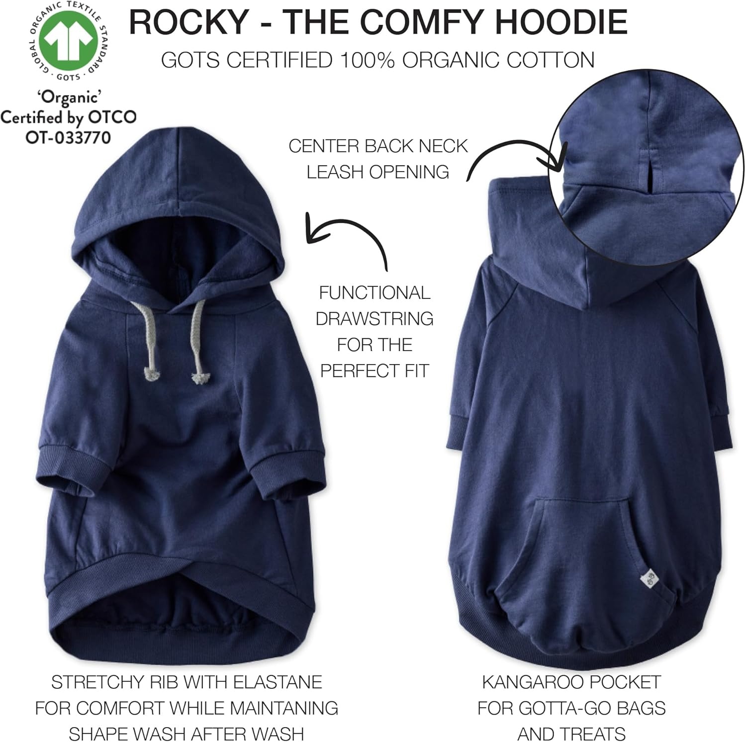image:imagePet Passion Rocky The Original Lightweight Hooded Tee 100 Organic Cotton Dog Hoodie Pet Coat Sweater for All Sized Dogs Navy Camo XSmall 512 lbsNavy