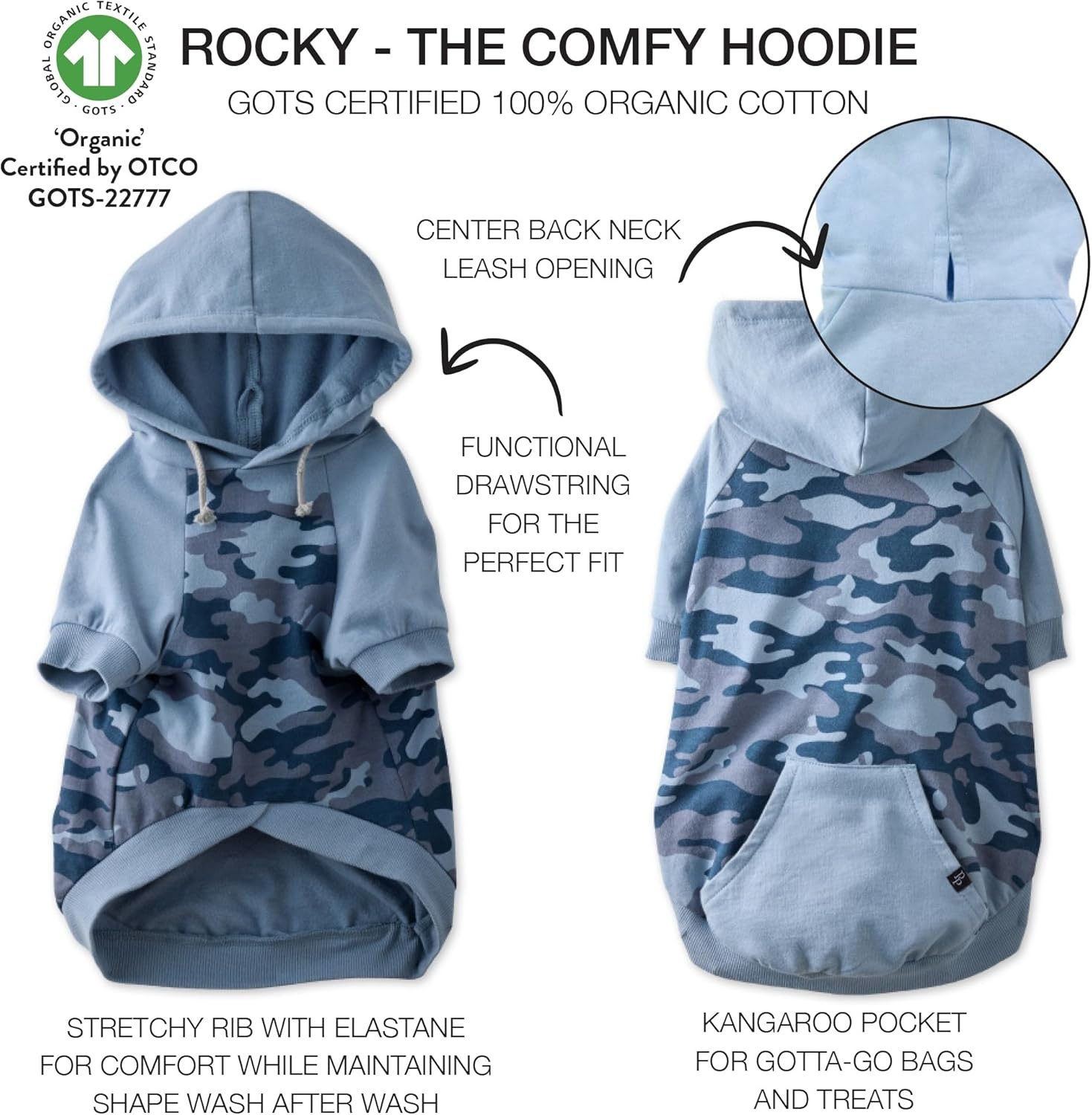 image:imagePet Passion Rocky The Original Lightweight Hooded Tee 100 Organic Cotton Dog Hoodie Pet Coat Sweater for All Sized Dogs Navy Camo XSmall 512 lbsOriginal Navy Half Camo