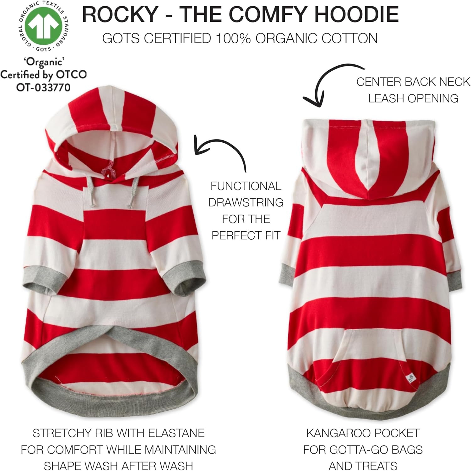 image:imagePet Passion Rocky The Original Lightweight Hooded Tee 100 Organic Cotton Dog Hoodie Pet Coat Sweater for All Sized Dogs Navy Camo XSmall 512 lbsRed Bold Stripe