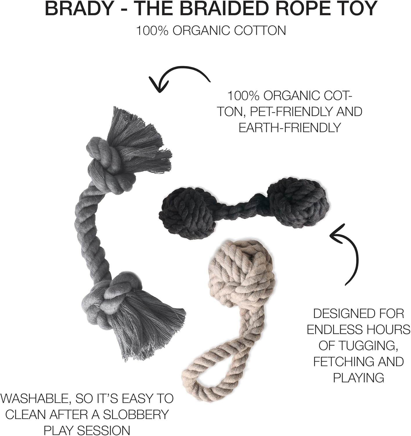 image:imagePet Passion Brady The Rope Tug Toy 3Pack Organic Cotton Dog Rope Pull Toys for All Pet Breeds Black Ombre One SizeBlack Ombre