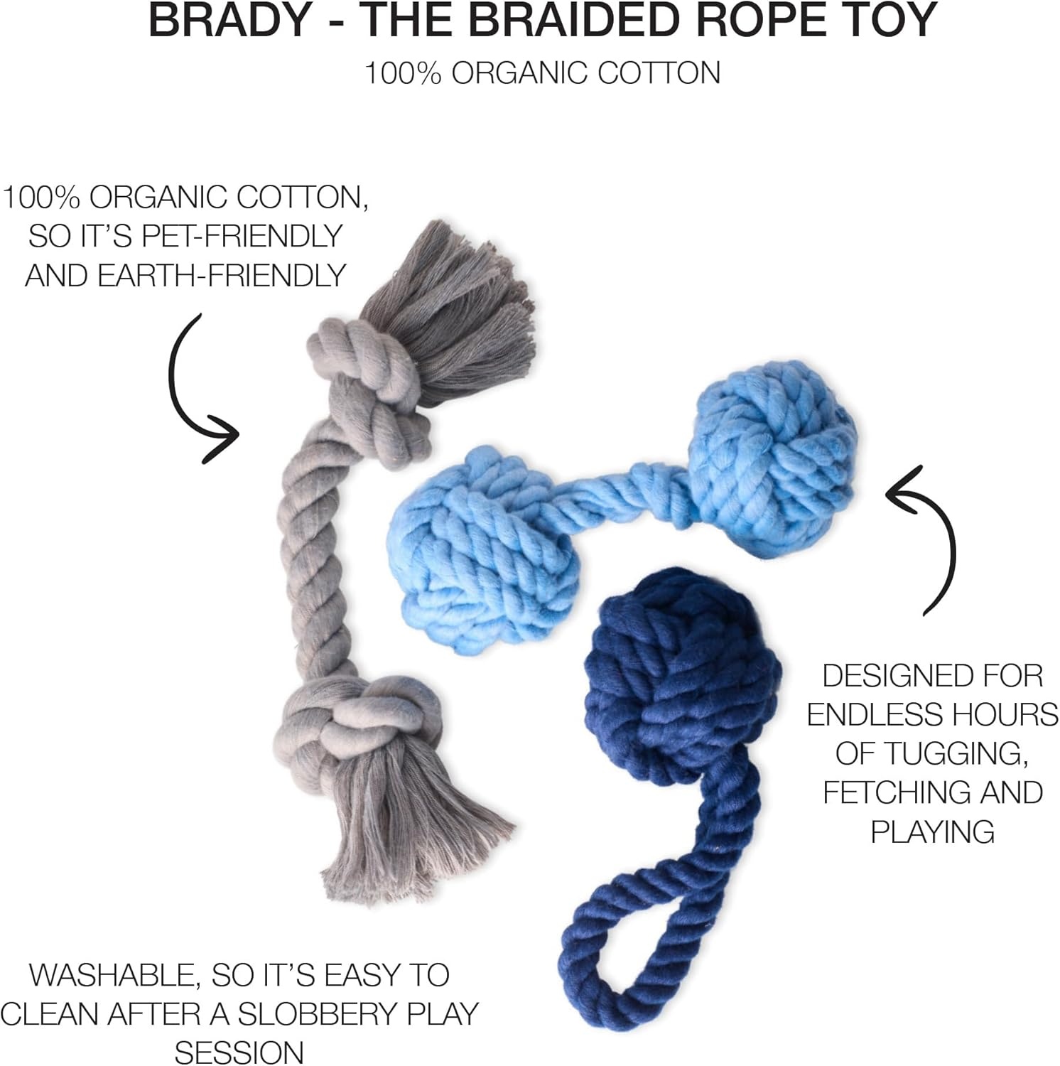 image:imagePet Passion Brady The Rope Tug Toy 3Pack Organic Cotton Dog Rope Pull Toys for All Pet Breeds Black Ombre One SizeBlue Ombre