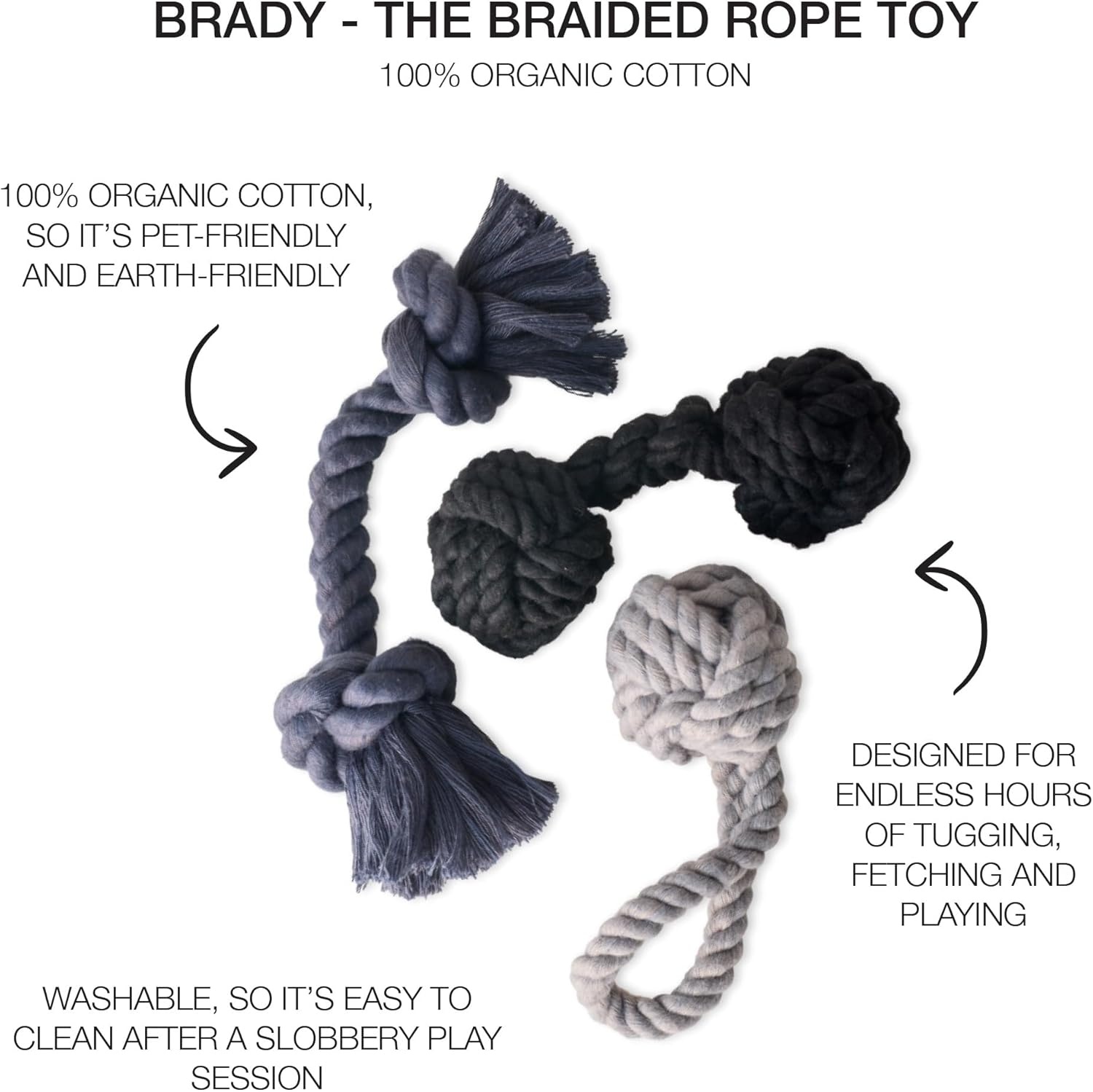image:imagePet Passion Brady The Rope Tug Toy 3Pack Organic Cotton Dog Rope Pull Toys for All Pet Breeds Black Ombre One SizeGray Ombre