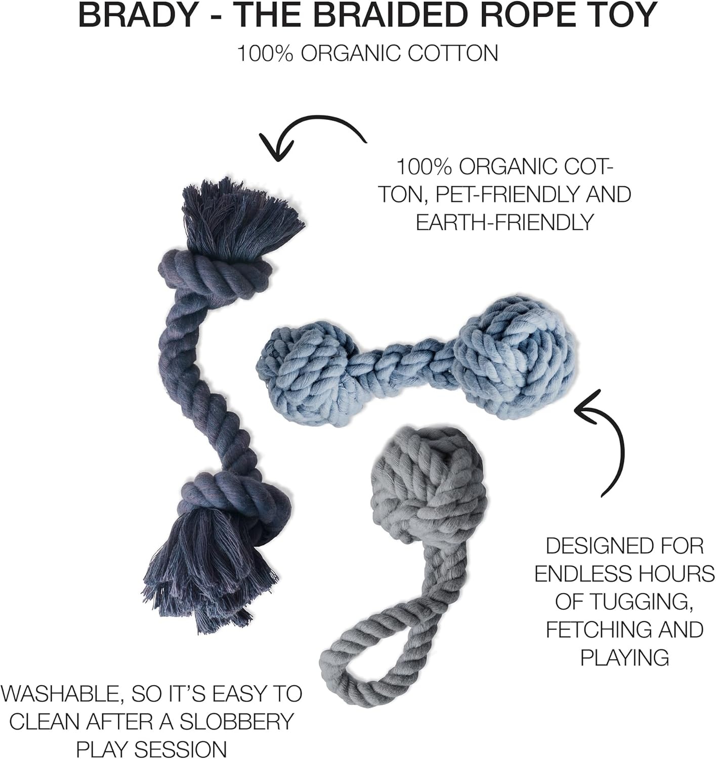 image:imagePet Passion Brady The Rope Tug Toy 3Pack Organic Cotton Dog Rope Pull Toys for All Pet Breeds Black Ombre One SizeNavy Ombre