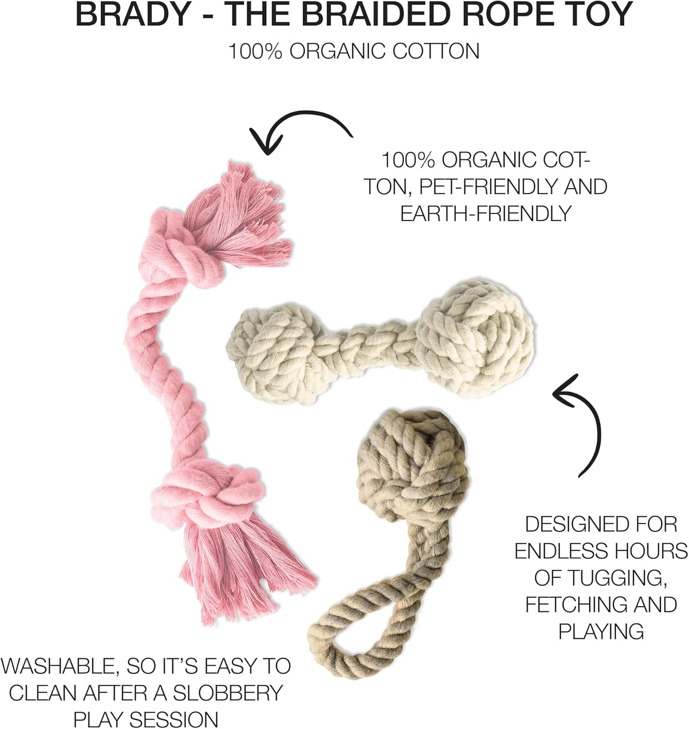 image:imagePet Passion Brady The Rope Tug Toy 3Pack Organic Cotton Dog Rope Pull Toys for All Pet Breeds Black Ombre One SizePink Salt