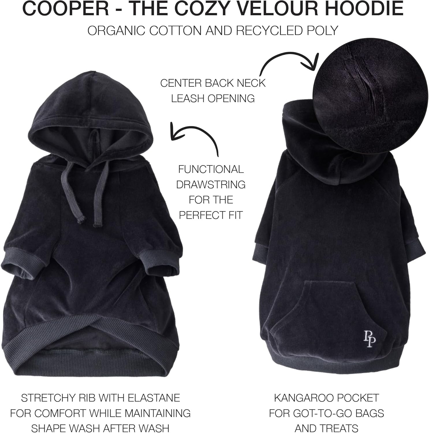 image:imagePet Passion Cooper II Organic Cotton Velour Dog Hoodie Pet Coat for Small Medium and Large Dogs Black XXSmall 47 lbsBlack