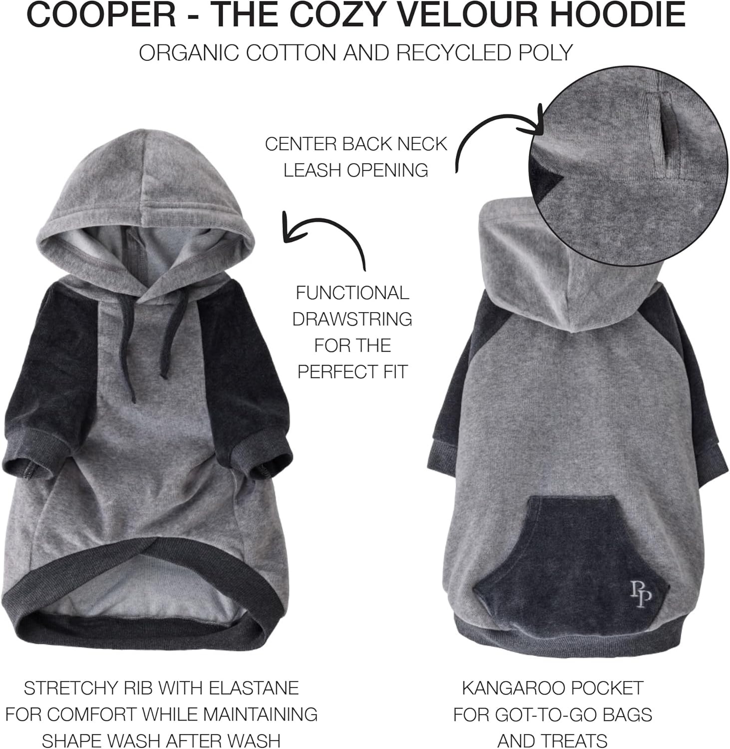 image:imagePet Passion Cooper II Organic Cotton Velour Dog Hoodie Pet Coat for Small Medium and Large Dogs Black XXSmall 47 lbsHeather Gray Color Block