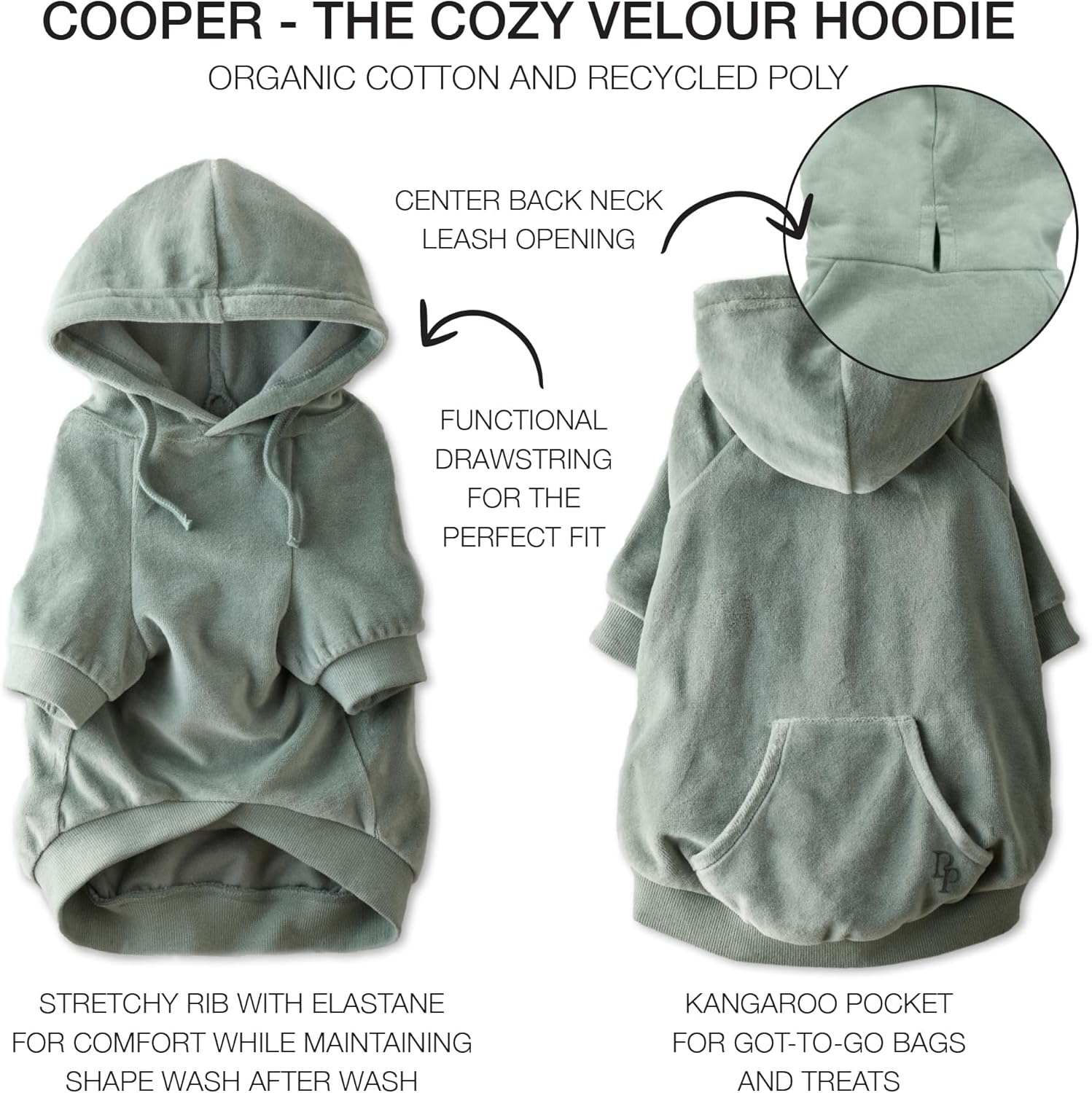 image:imagePet Passion Cooper II Organic Cotton Velour Dog Hoodie Pet Coat for Small Medium and Large Dogs Black XXSmall 47 lbsSage