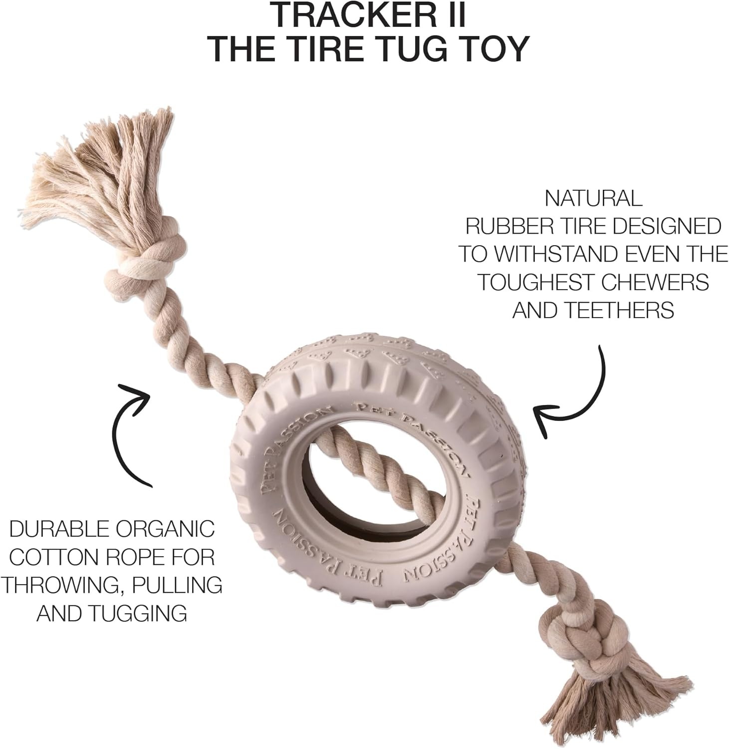 image:imagePet Passion Natural Rubber Tire and Organic Cotton Rope Pull and Chew Dog Toy for All Pet Breeds Black LargeAlmond Milk