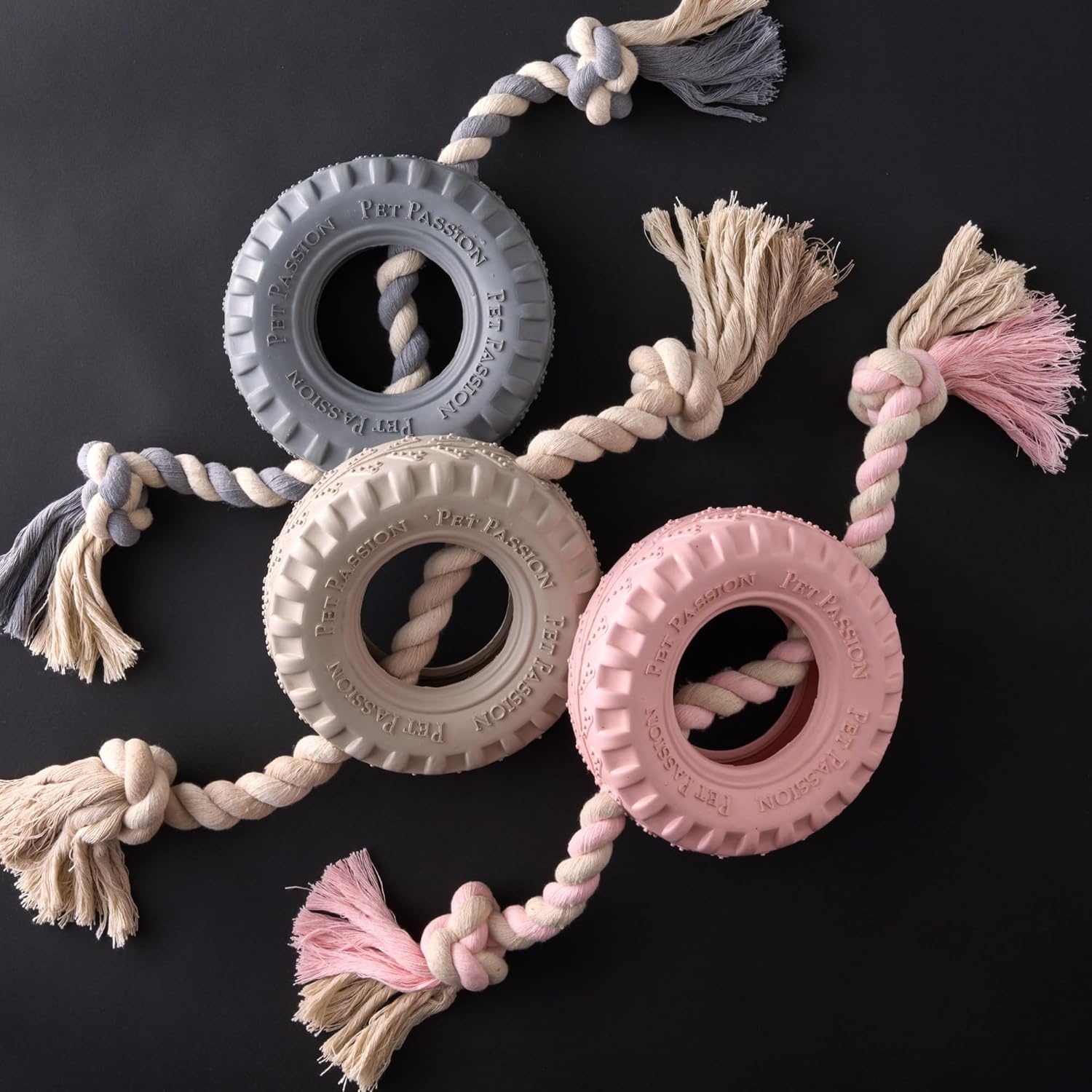 image:imagePet Passion Natural Rubber Tire and Organic Cotton Rope Pull and Chew Dog Toy for All Pet Breeds Black LargeBlack