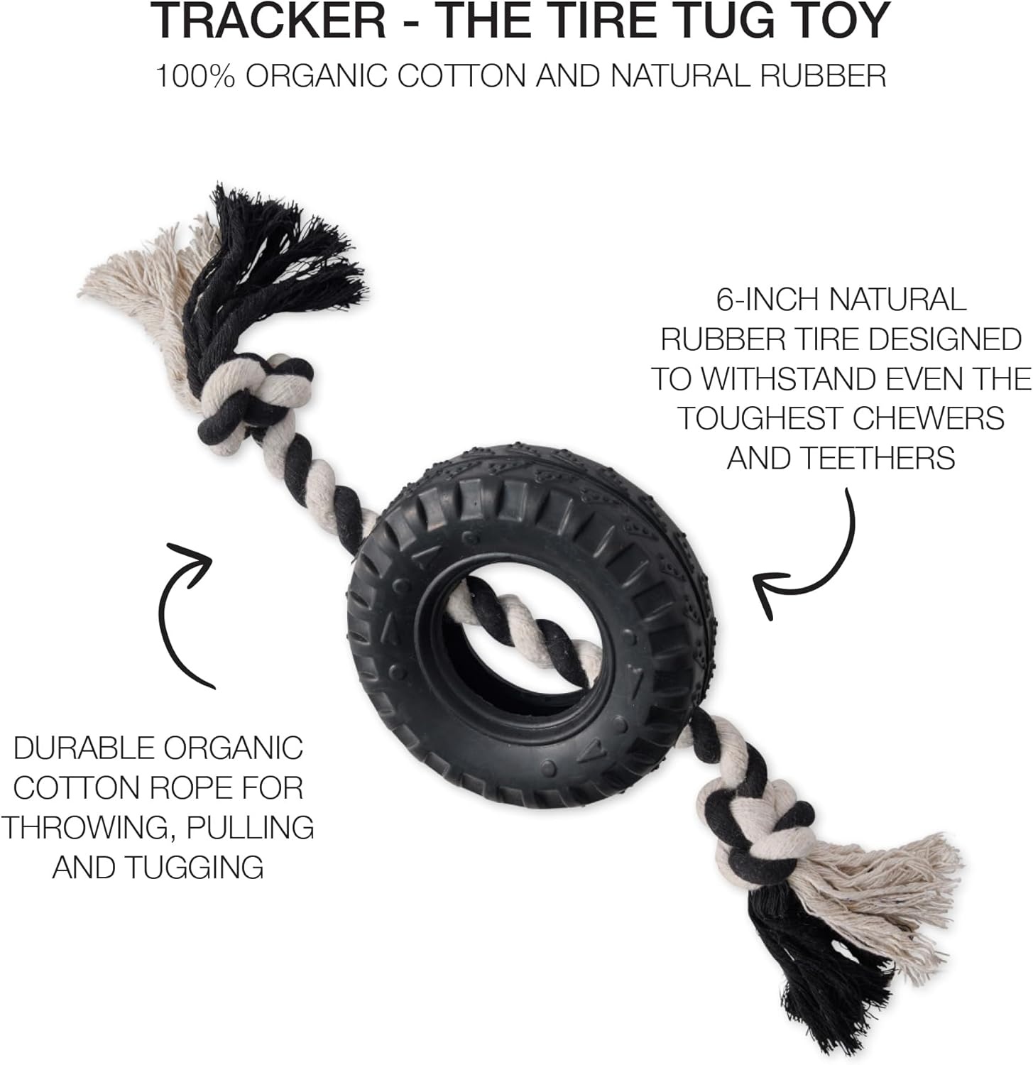 image:imagePet Passion Natural Rubber Tire and Organic Cotton Rope Pull and Chew Dog Toy for All Pet Breeds Black LargeBlack