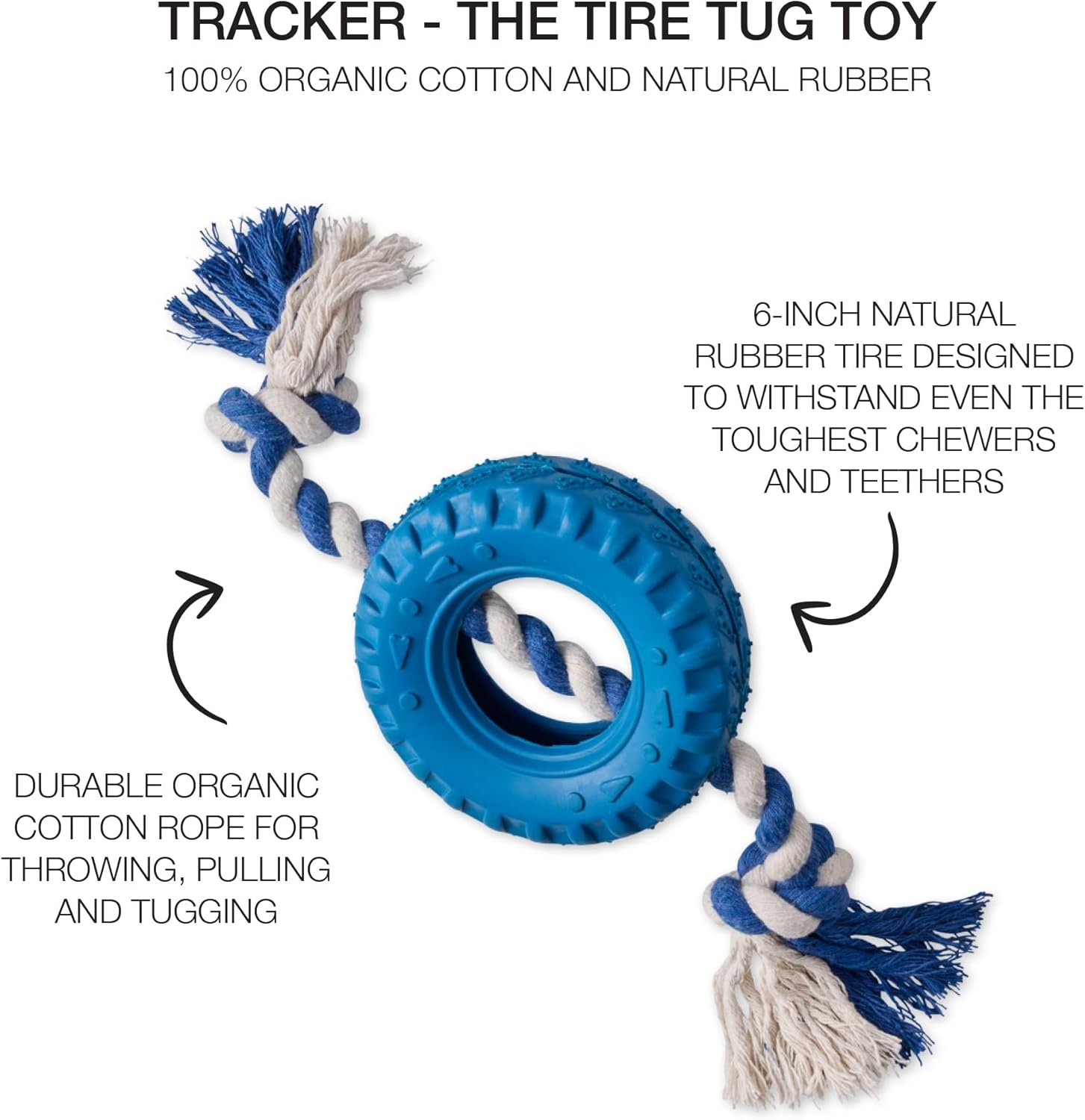 image:imagePet Passion Natural Rubber Tire and Organic Cotton Rope Pull and Chew Dog Toy for All Pet Breeds Black LargeBlue