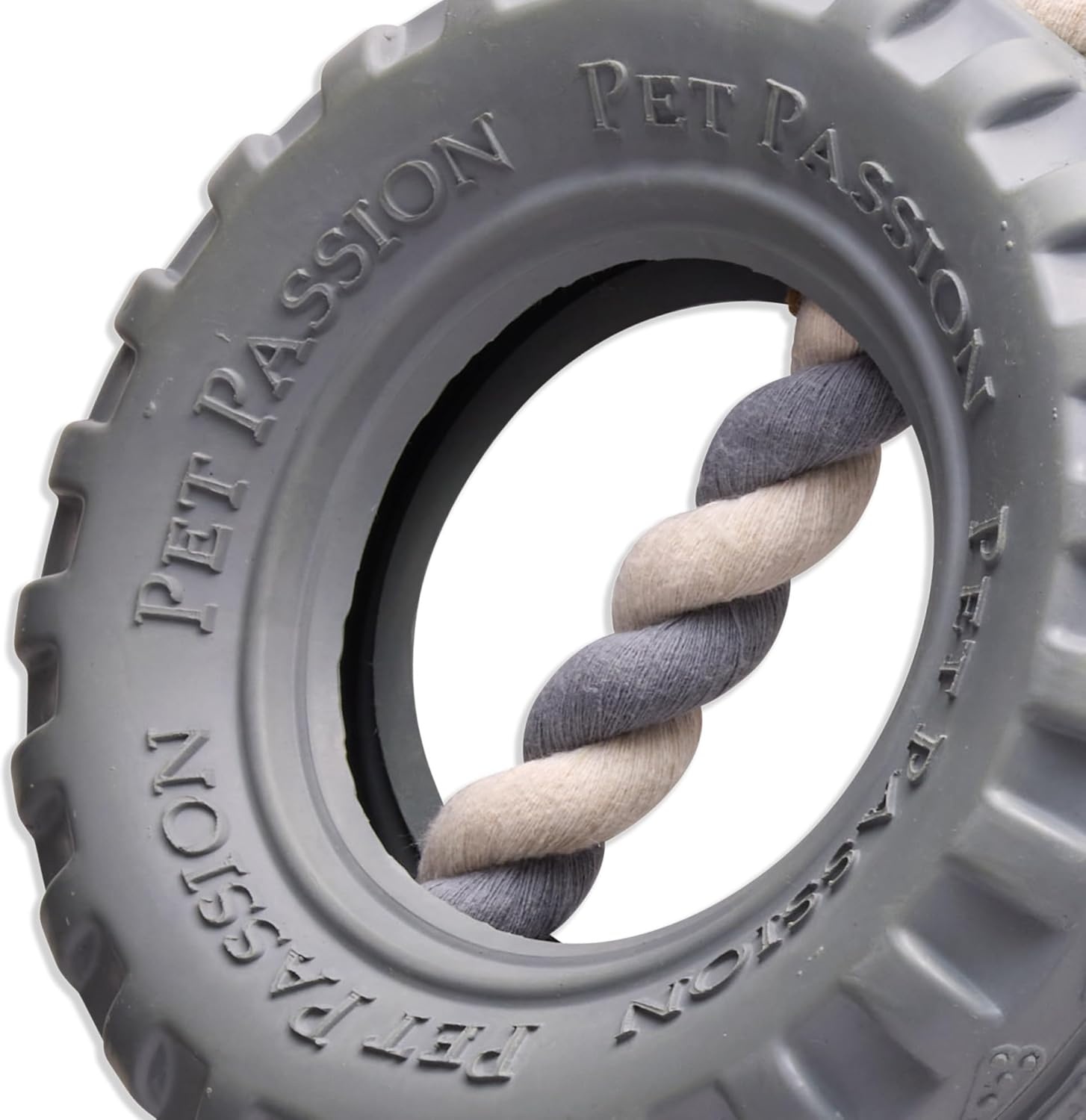image:imagePet Passion Natural Rubber Tire and Organic Cotton Rope Pull and Chew Dog Toy for All Pet Breeds Black LargeGray