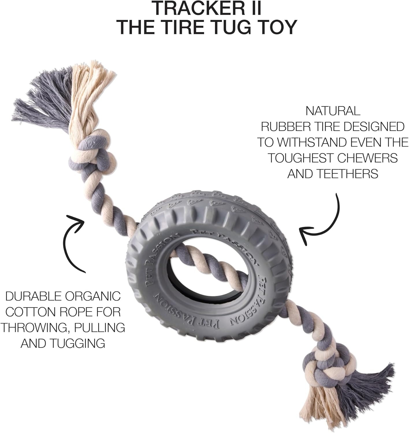 image:imagePet Passion Natural Rubber Tire and Organic Cotton Rope Pull and Chew Dog Toy for All Pet Breeds Black LargeGray