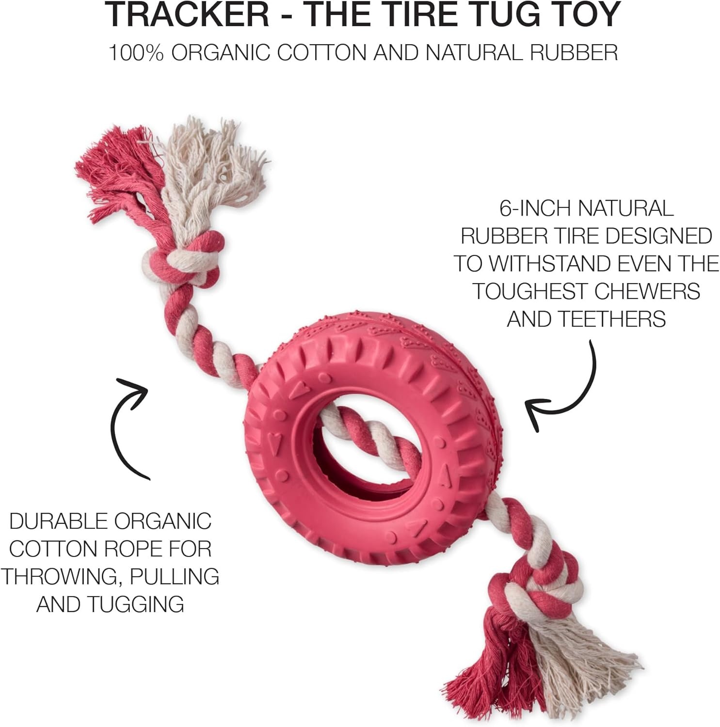 image:imagePet Passion Natural Rubber Tire and Organic Cotton Rope Pull and Chew Dog Toy for All Pet Breeds Black LargePink