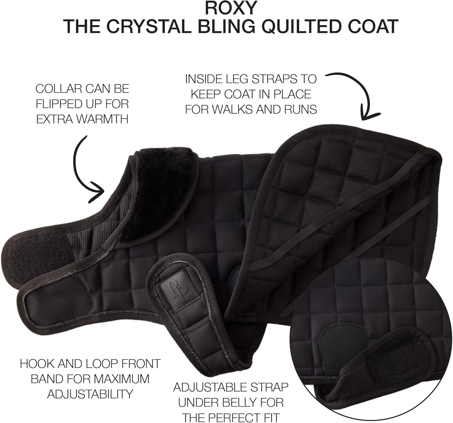 image:imagePet Passion Quilted Dog Coat Pet Jacket with Crystal Bling for Small Medium and Large Dogs Black LargeBlack Bling