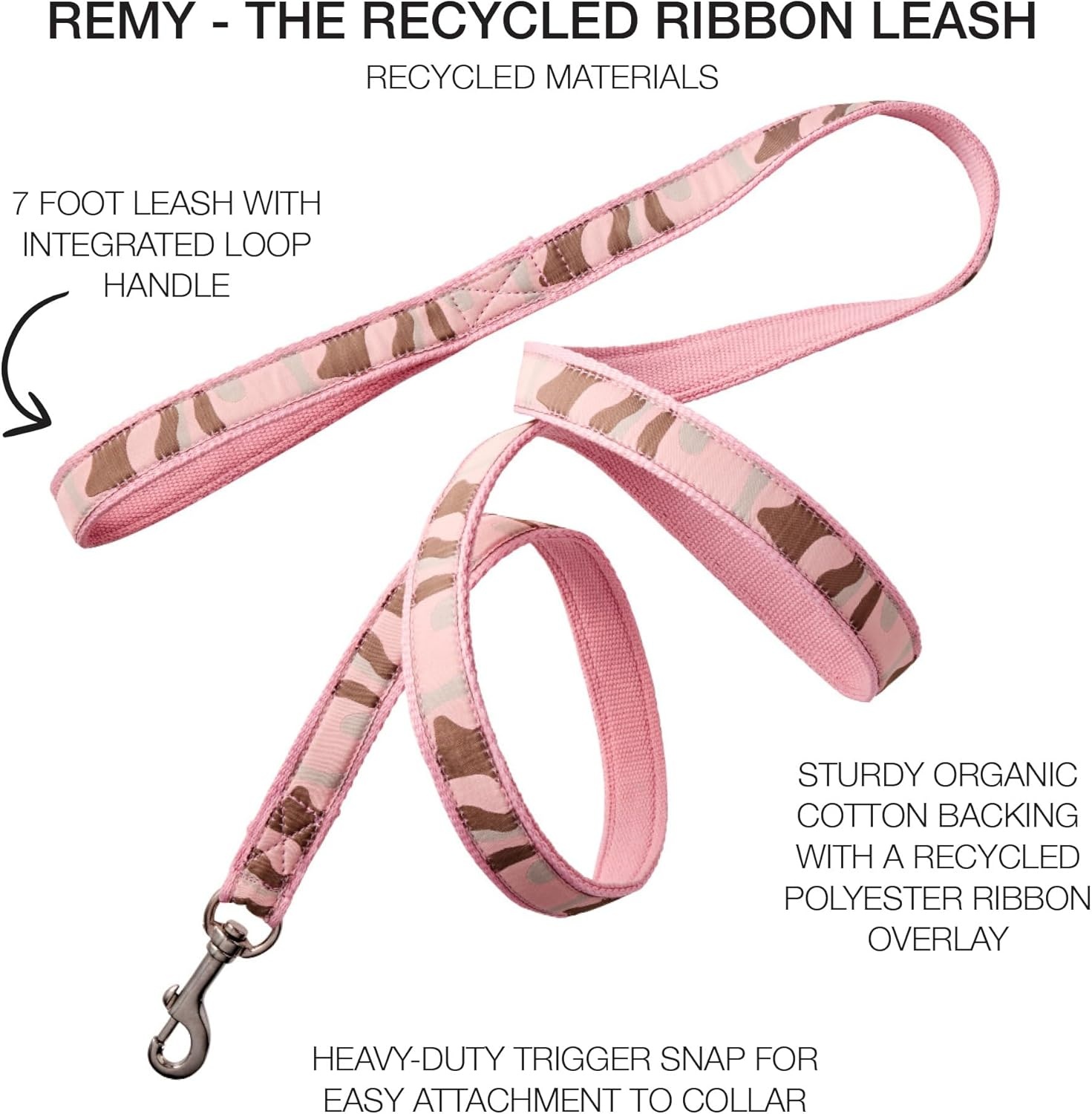 image:imagePet Passion Recycled Ribbon Dog Leash 7 Ft for All Pet Breeds Black One SizeCamoPink