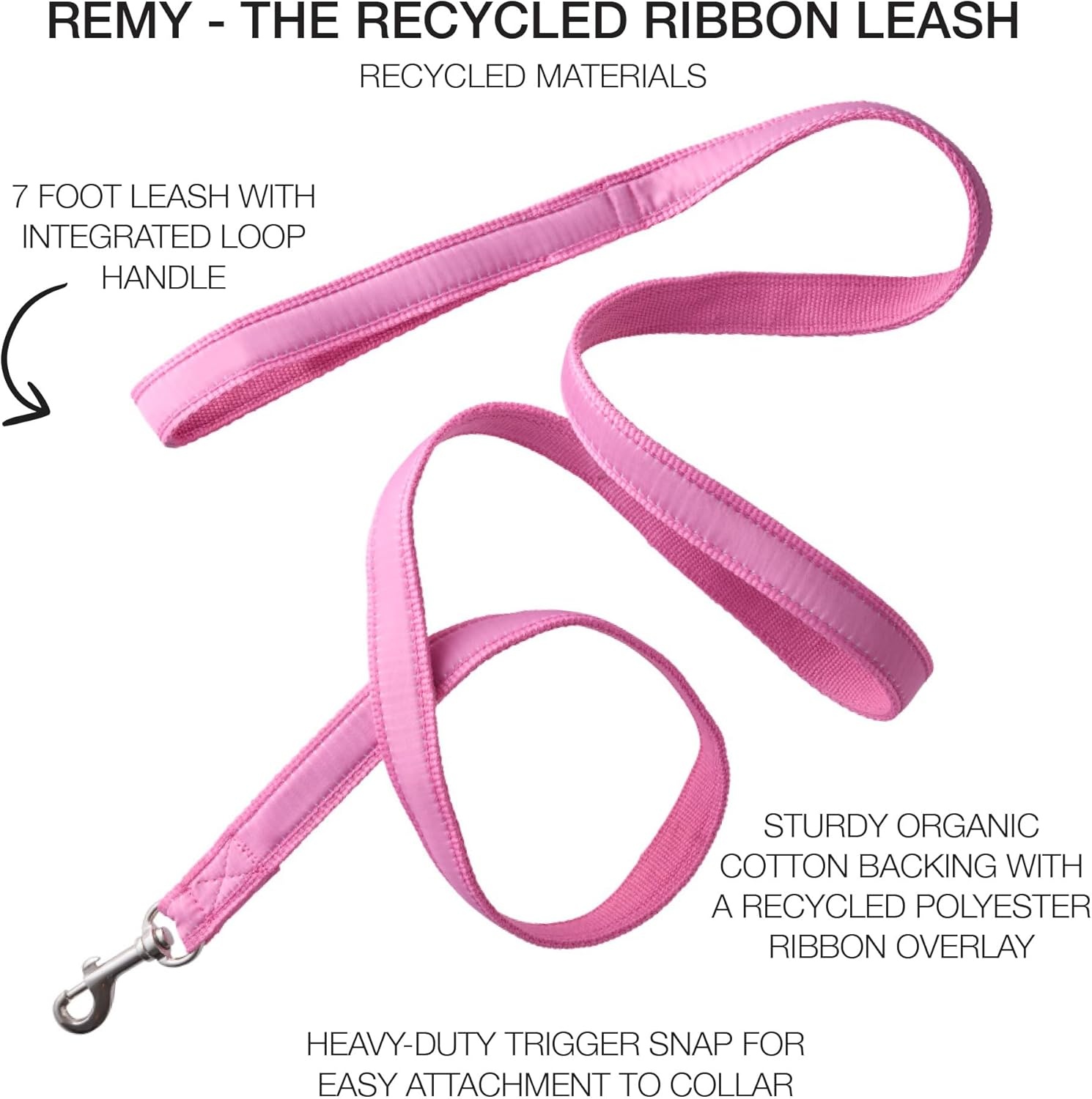 image:imagePet Passion Recycled Ribbon Dog Leash 7 Ft for All Pet Breeds Black One SizeHot Pink