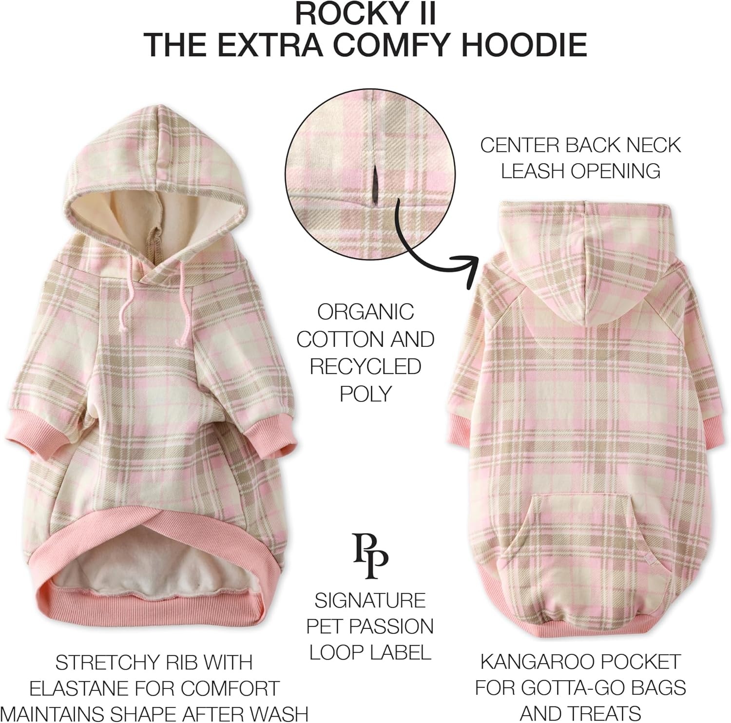 image:imagePet Passion Rocky II The Extra Comfy Hoodie Organic Cotton and Recycled Poly Dog Hoodie Pet Coat Sweater for Small Medium Large Dogs Black Sand Plaid SmallPink Chesterfield Plaid