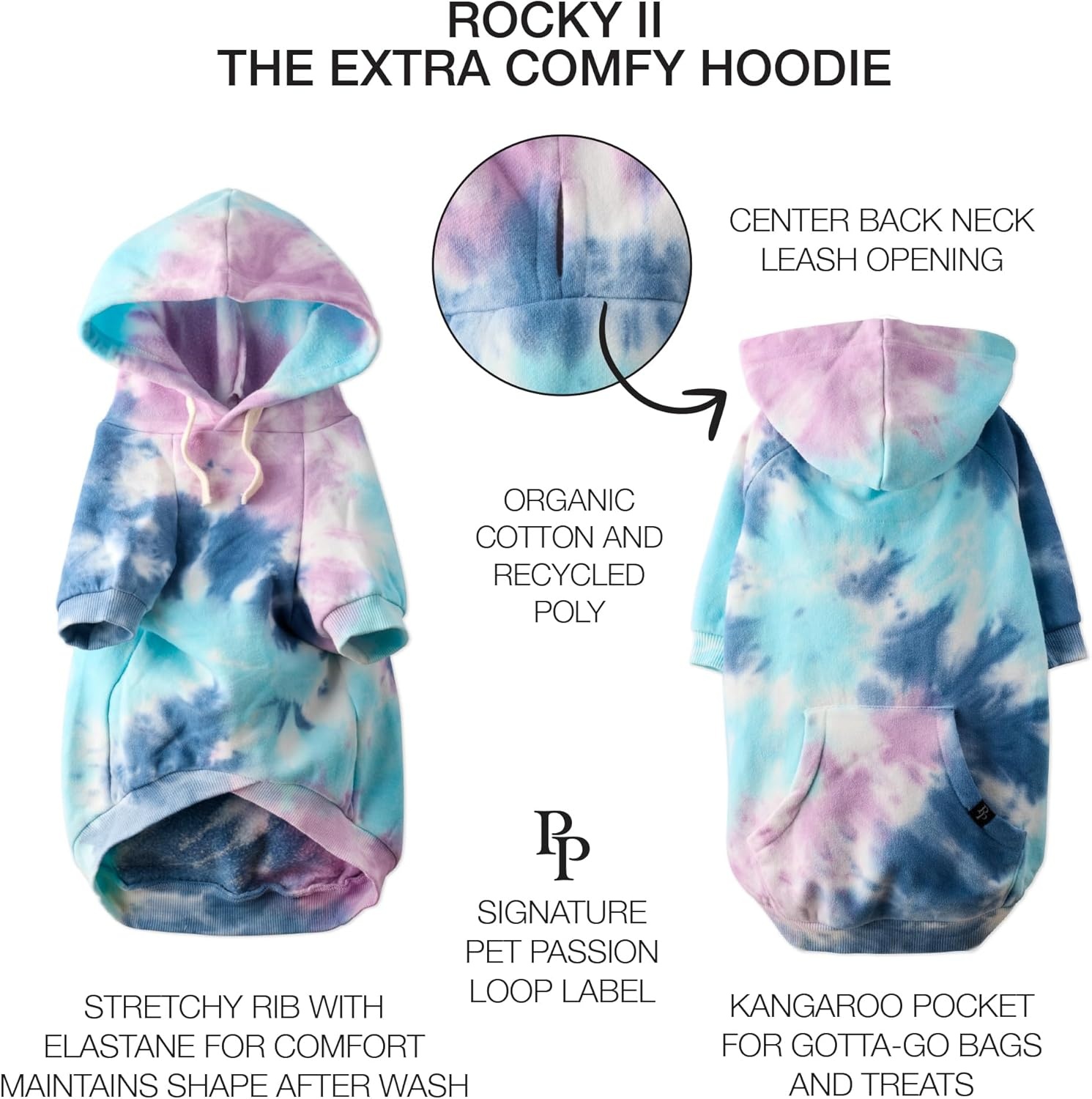 image:imagePet Passion Rocky II The Extra Comfy Hoodie Organic Cotton and Recycled Poly Dog Hoodie Pet Coat Sweater for Small Medium Large Dogs Black Sand Plaid SmallPurple Tie Dye