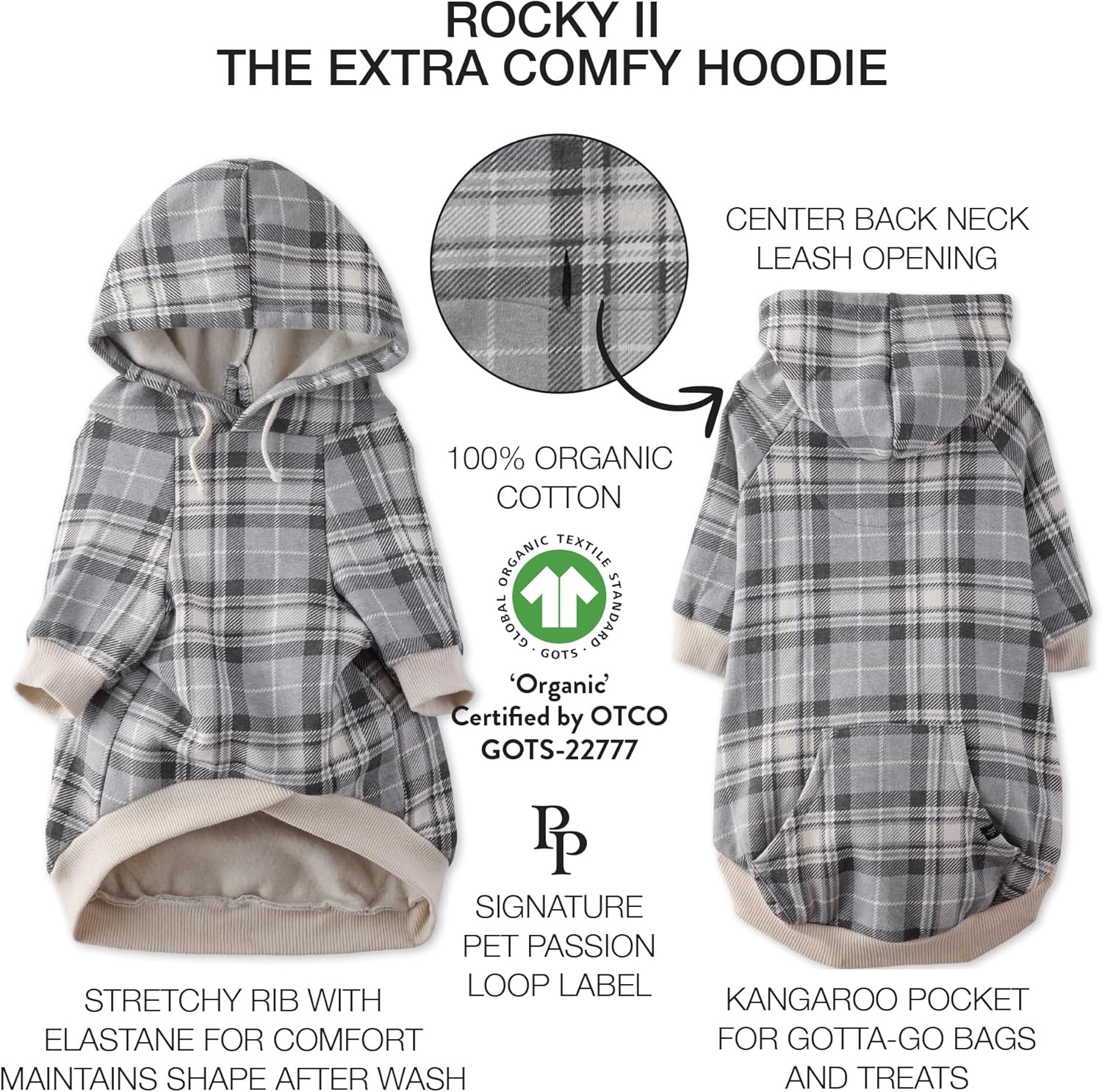 image:imagePet Passion Rocky II The Extra Comfy Hoodie Organic Cotton and Recycled Poly Dog Hoodie Pet Coat Sweater for Small Medium Large Dogs Black Sand Plaid SmallGray Chesterfield Plaid