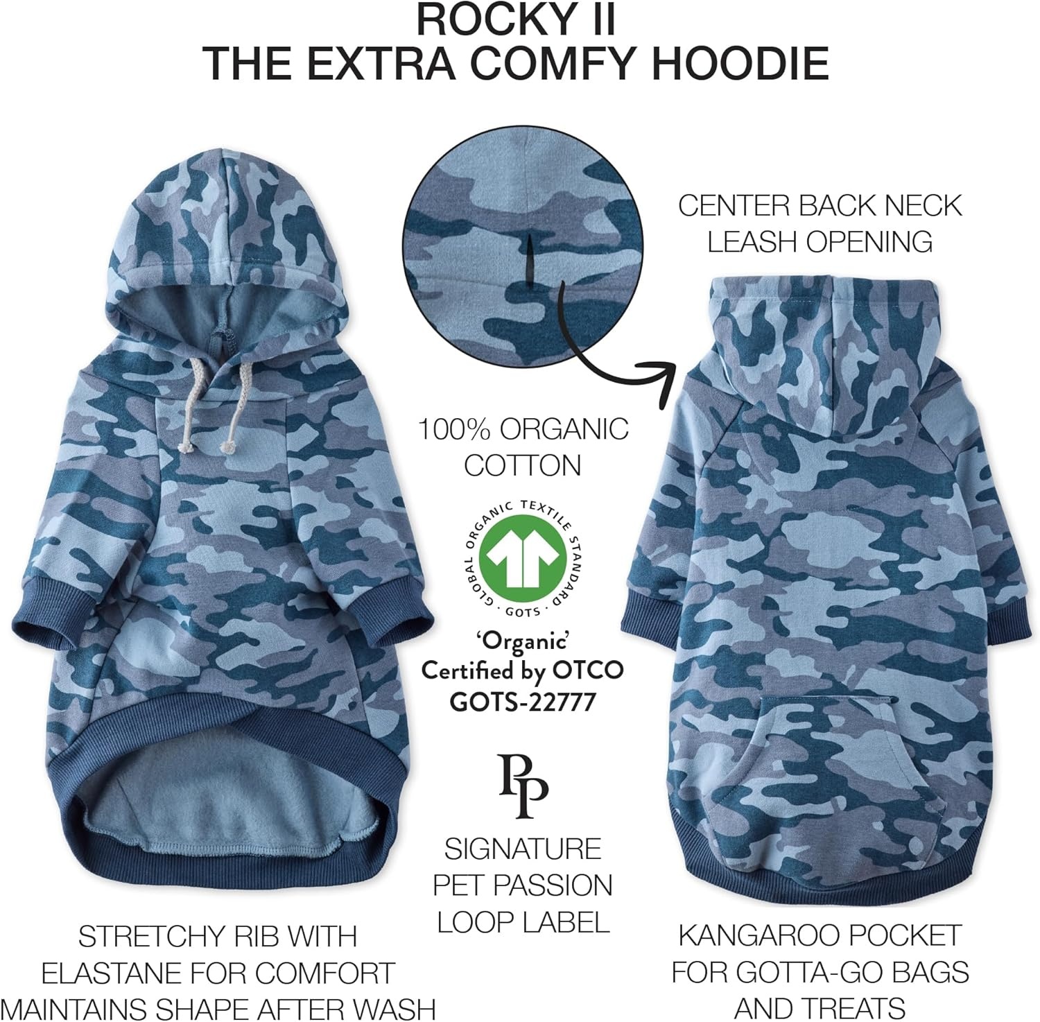 image:imagePet Passion Rocky II The Extra Comfy Hoodie Organic Cotton and Recycled Poly Dog Hoodie Pet Coat Sweater for Small Medium Large Dogs Black Sand Plaid SmallNavy Camo