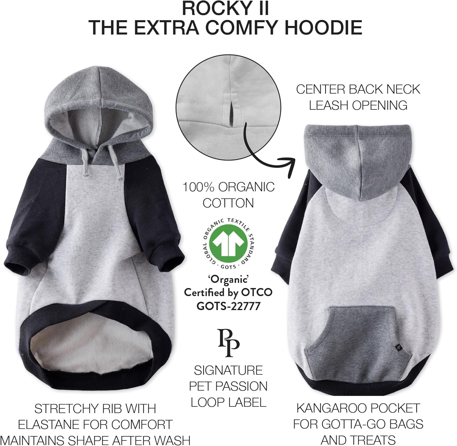 image:imagePet Passion Rocky II The Extra Comfy Hoodie Organic Cotton and Recycled Poly Dog Hoodie Pet Coat Sweater for Small Medium Large Dogs Black Sand Plaid SmallHeather Gray Color Block