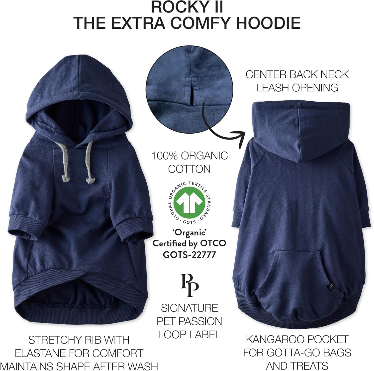 image:imagePet Passion Rocky II The Extra Comfy Hoodie Organic Cotton and Recycled Poly Dog Hoodie Pet Coat Sweater for Small Medium Large Dogs Black Sand Plaid SmallNavy