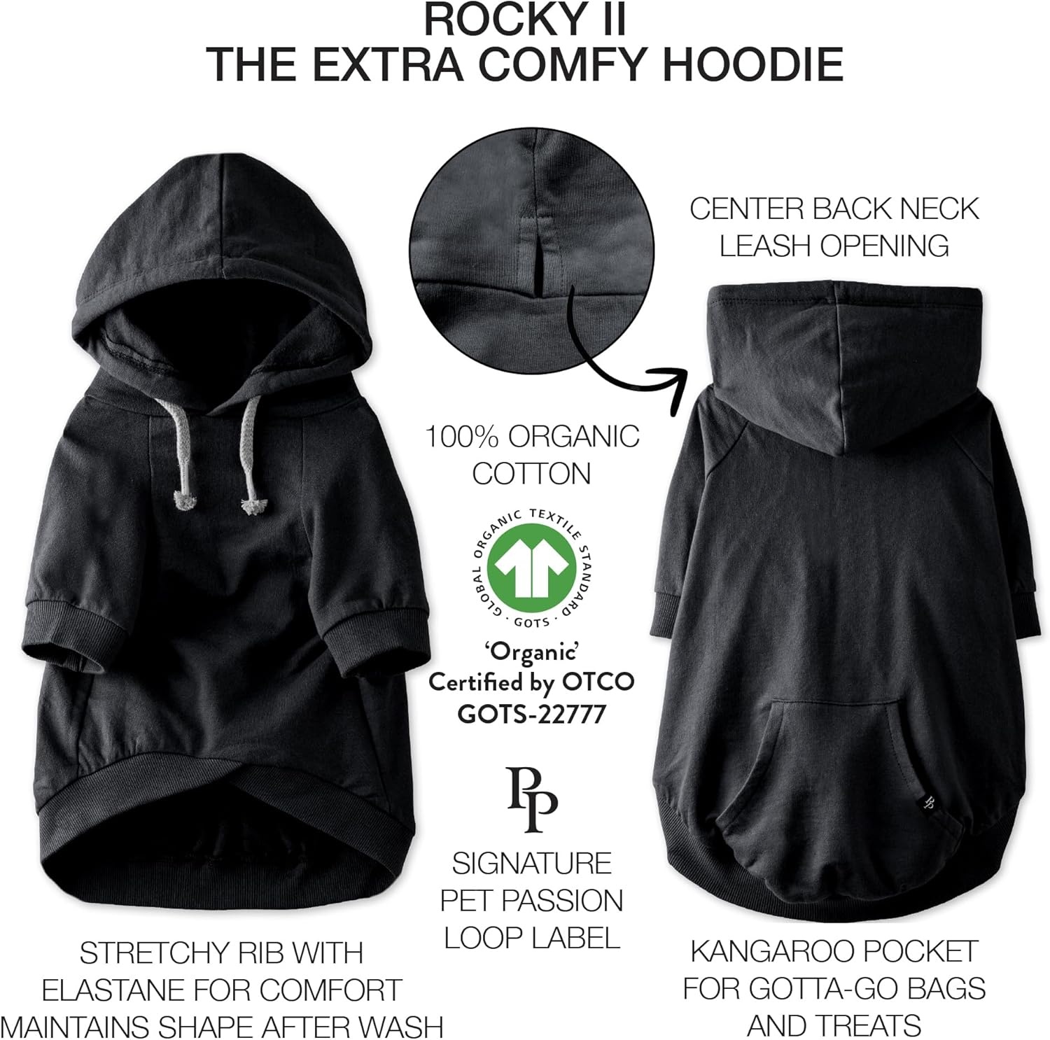 image:imagePet Passion Rocky II The Extra Comfy Hoodie Organic Cotton and Recycled Poly Dog Hoodie Pet Coat Sweater for Small Medium Large Dogs Black Sand Plaid SmallBlack