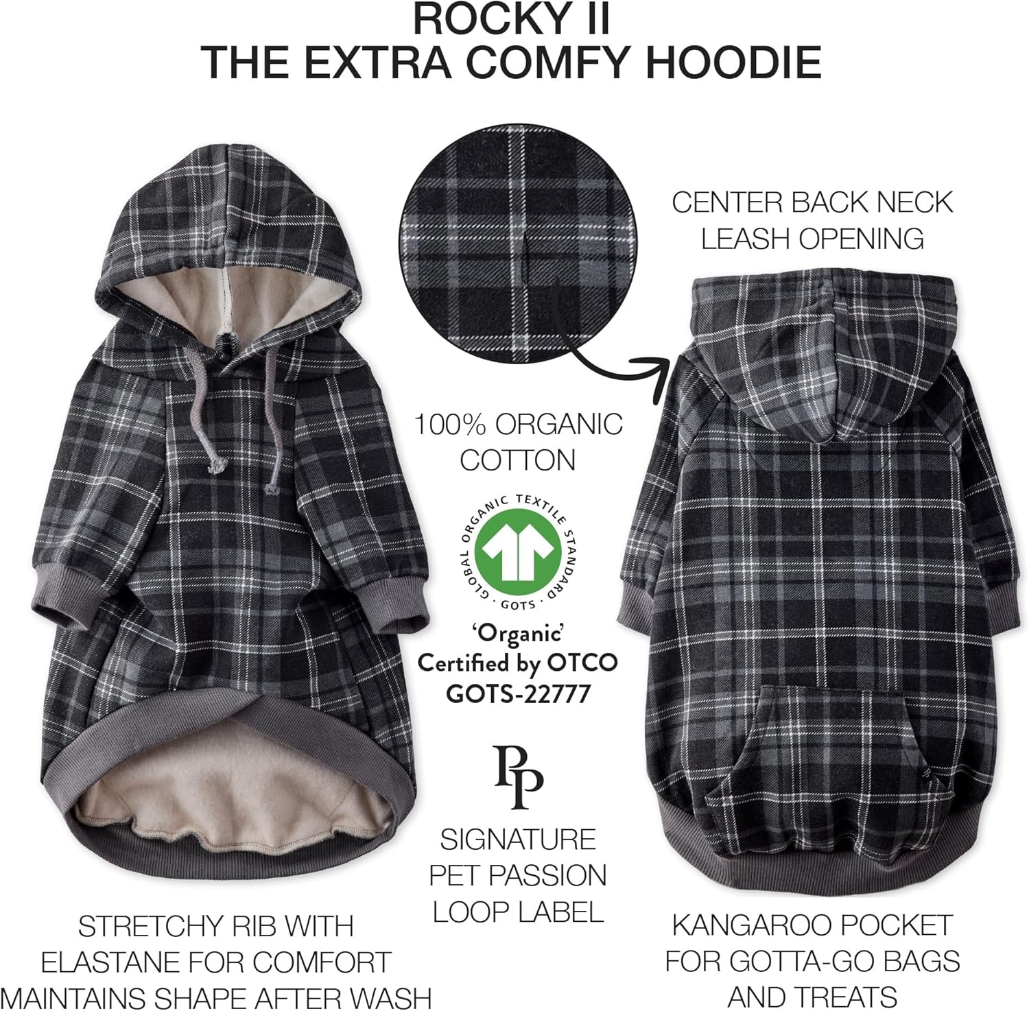 image:imagePet Passion Rocky II The Extra Comfy Hoodie Organic Cotton and Recycled Poly Dog Hoodie Pet Coat Sweater for Small Medium Large Dogs Black Sand Plaid SmallBlack Sand Plaid