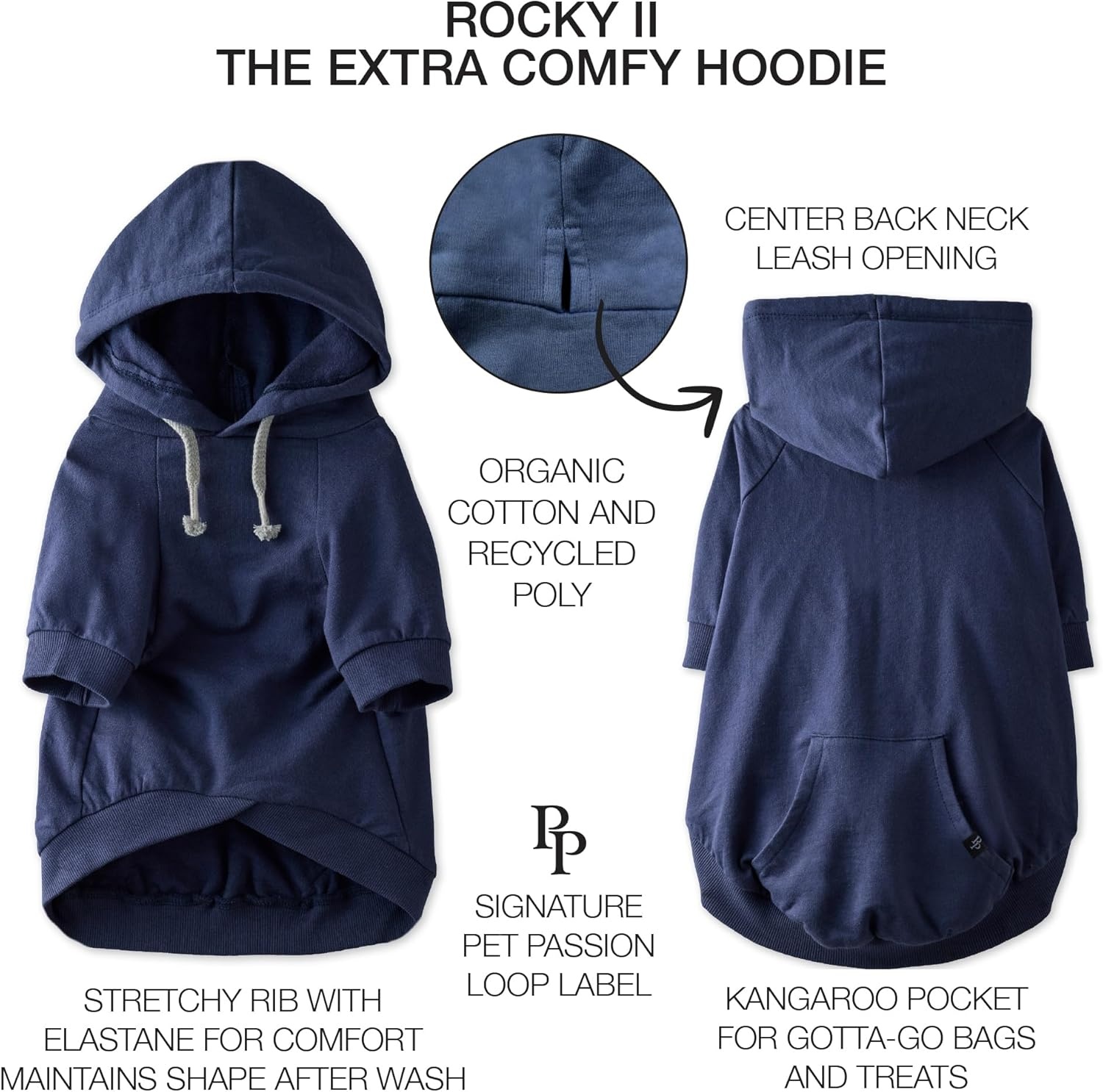 image:imagePet Passion Rocky II The Extra Comfy Hoodie Organic Cotton and Recycled Poly Dog Hoodie Pet Coat Sweater for Small Medium Large Dogs Black Sand Plaid SmallNavy