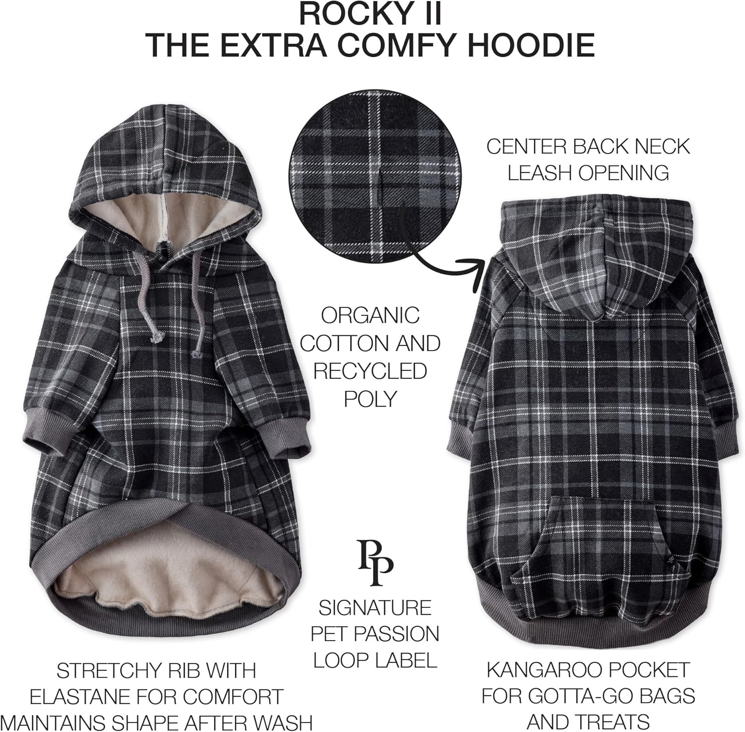 image:imagePet Passion Rocky II The Extra Comfy Hoodie Organic Cotton and Recycled Poly Dog Hoodie Pet Coat Sweater for Small Medium Large Dogs Black Sand Plaid SmallBlack Sand Plaid