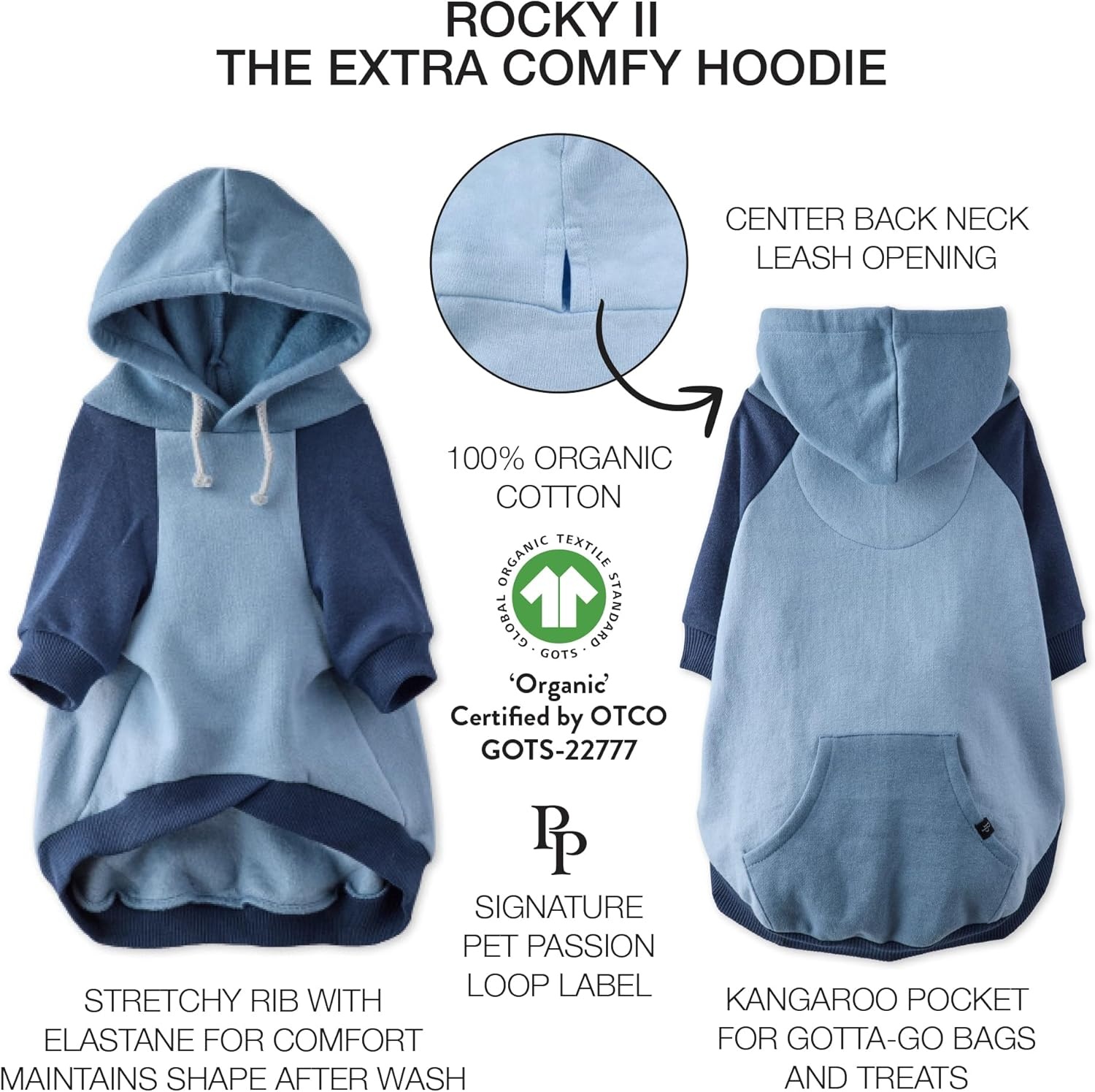image:imagePet Passion Rocky II The Extra Comfy Hoodie Organic Cotton and Recycled Poly Dog Hoodie Pet Coat Sweater for Small Medium Large Dogs Black Sand Plaid SmallNavy Color Block