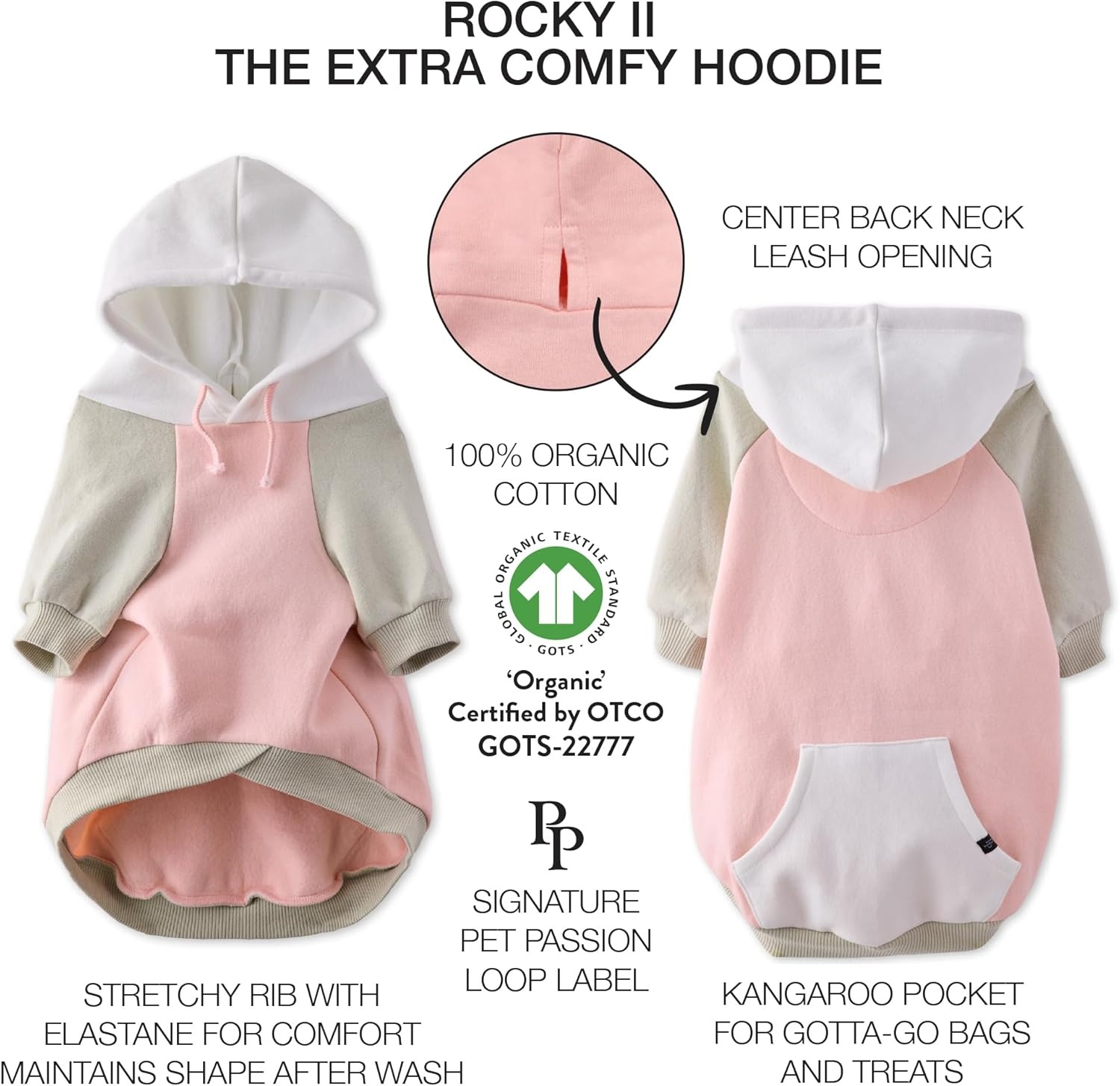 image:imagePet Passion Rocky II The Extra Comfy Hoodie Organic Cotton and Recycled Poly Dog Hoodie Pet Coat Sweater for Small Medium Large Dogs Black Sand Plaid SmallPink Color Block