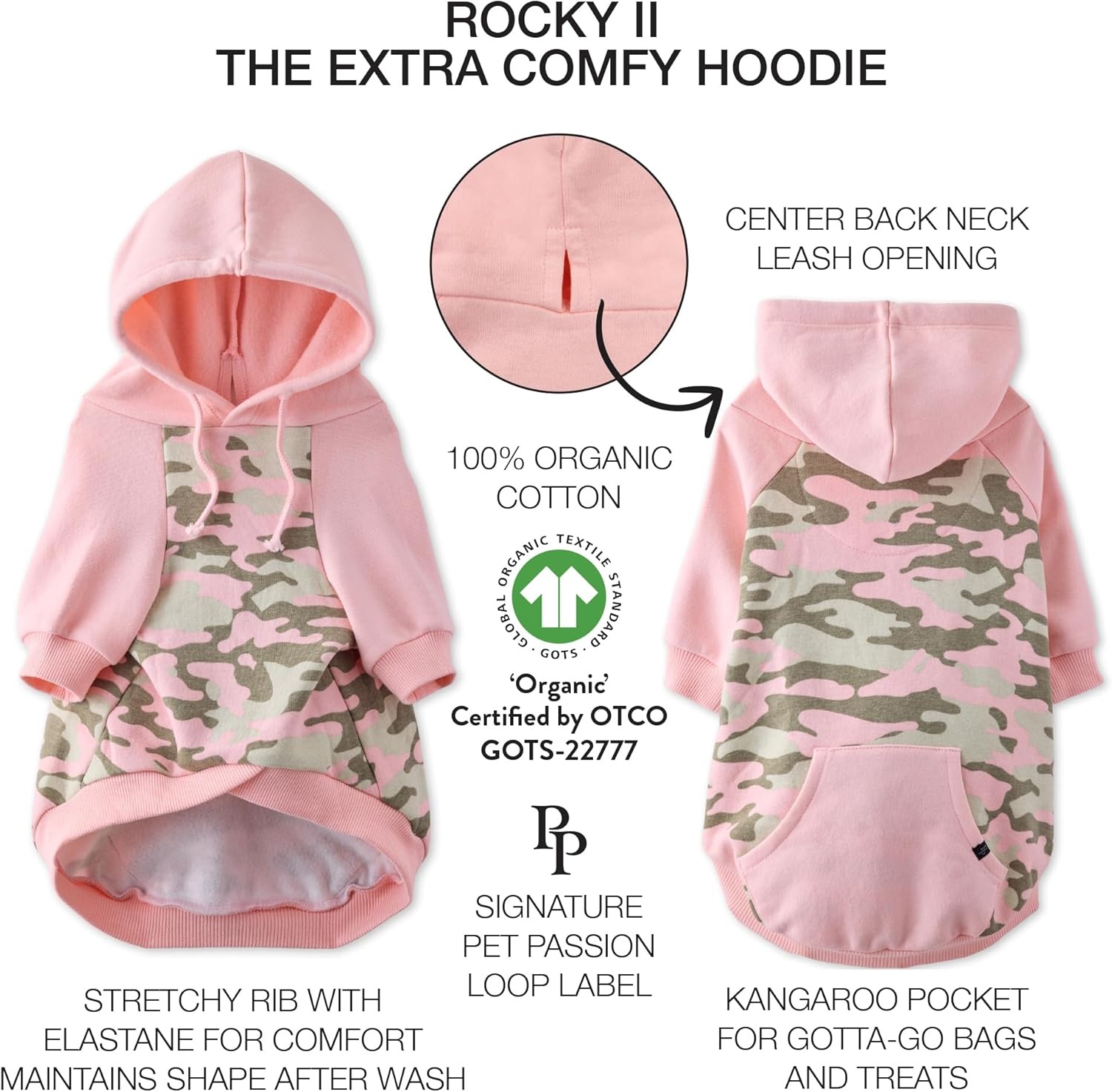 image:imagePet Passion Rocky II The Extra Comfy Hoodie Organic Cotton and Recycled Poly Dog Hoodie Pet Coat Sweater for Small Medium Large Dogs Black Sand Plaid SmallPink Half Camo